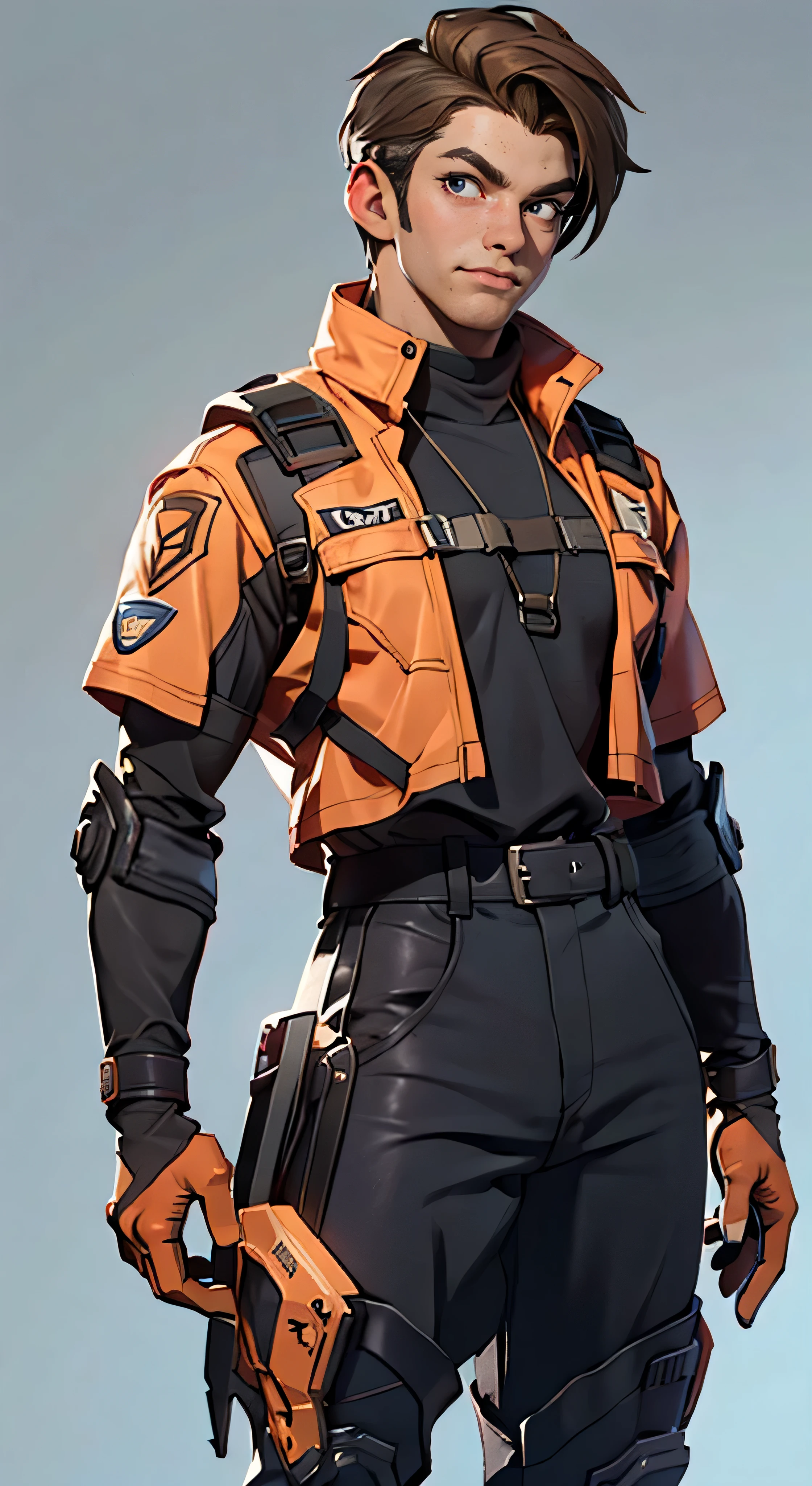 11:23(((Best quality at best: 1.4))),(Unbeatable masterpiece), (hyper HD),(Hyper-realistic 8k CG)、(Cross one hand at waist),(dark colored hair) ((( body))), (((ung person))),35-year-old American soldier with perfect body,,delicated face,muscular body:1.2,solid orange jacket with details, (Pictures from head to thighs), Complex equipment, Orange coat,long trousers,The clothes inside are dark,Clothes with metal technical parts,Tech Armor )