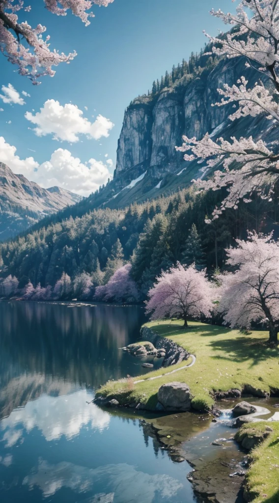 masterpiece, best quality, high quality, extremely detailed CG unity 8k 16:9 wallpaper, scenery, outdoors, sky, cloud, day, no humans, mountain, small birds , lily lake,landscape, water, cherry trees, blue sky, high waterfall, high cliff, nature, lake, river, cloudy sky,award winning photography, Bokeh, Depth of Field, HDR, bloom, Chromatic Aberration ,Photorealistic,extremely detailed, trending on artstation, trending on CGsociety, Intricate, High Detail, dramatic, art by midjourney