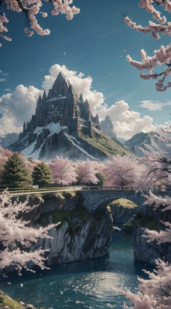 masterpiece, best quality, high quality, extremely detailed CG unity 8k 16:9 wallpaper, scenery, outdoors, sky, cloud, day, no humans, mountain, small birds , lily lake,landscape, water, cherry trees, blue sky, high waterfall, high cliff, nature, lake, river, cloudy sky,award winning photography, Bokeh, Depth of Field, HDR, bloom, Chromatic Aberration ,Photorealistic,extremely detailed, trending on artstation, trending on CGsociety, Intricate, High Detail, dramatic, art by midjourney