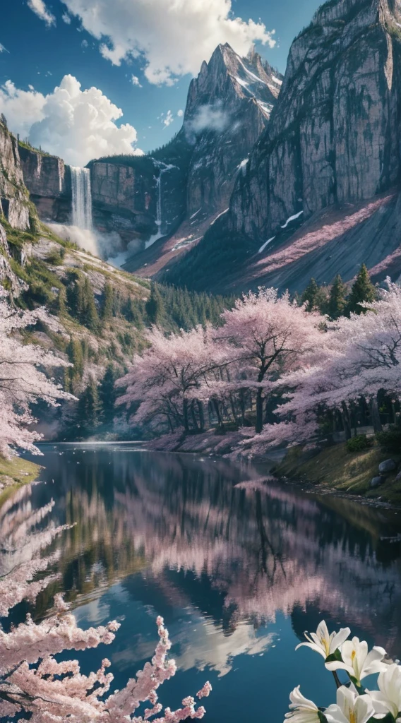 masterpiece, best quality, high quality, extremely detailed CG unity 8k 16:9 wallpaper, scenery, outdoors, sky, cloud, day, no humans, mountain, small birds , lily lake,landscape, water, cherry trees, blue sky, high waterfall, high cliff, nature, lake, river, cloudy sky,award winning photography, Bokeh, Depth of Field, HDR, bloom, Chromatic Aberration ,Photorealistic,extremely detailed, trending on artstation, trending on CGsociety, Intricate, High Detail, dramatic, art by midjourney