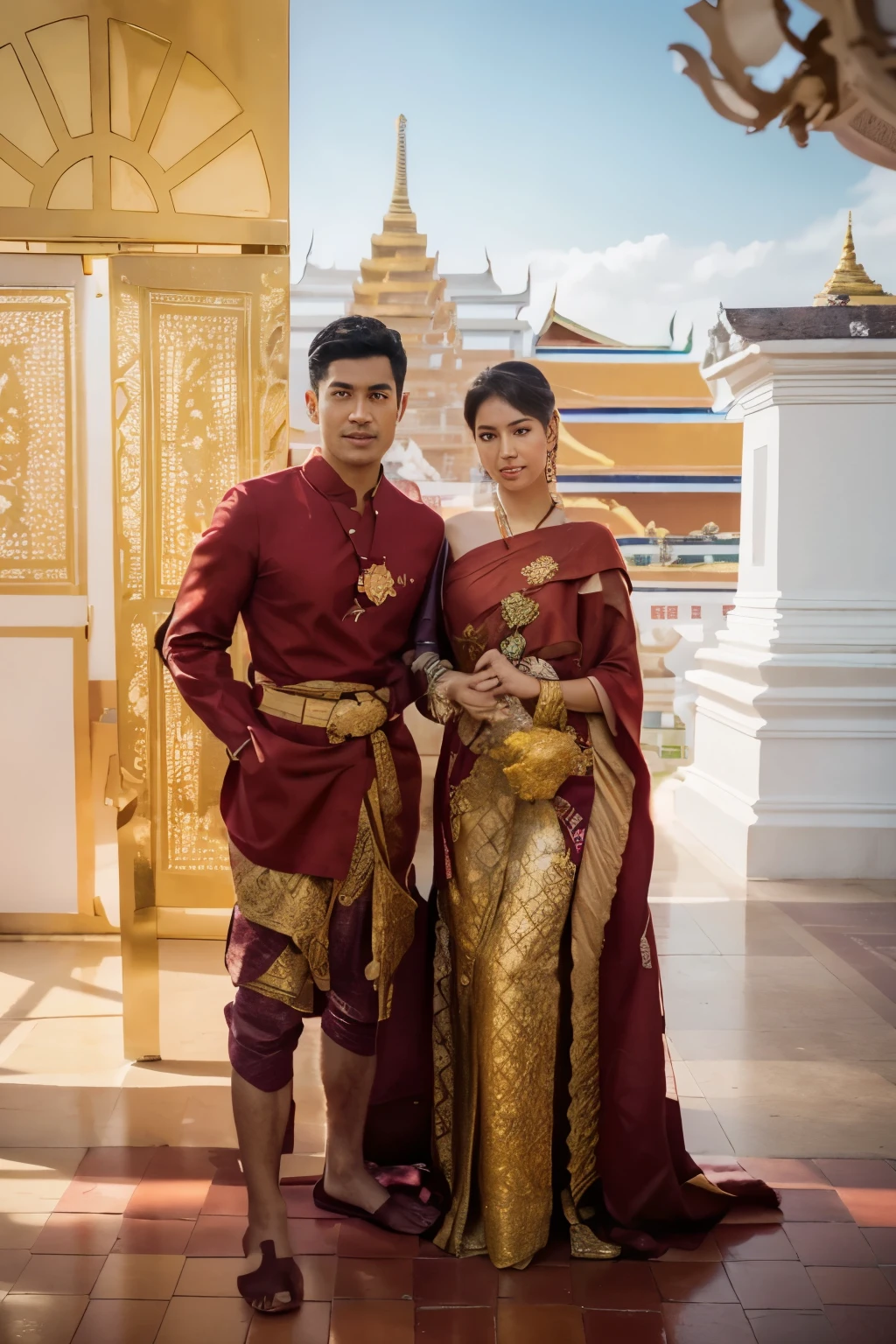 (8k, RAW photos, highest quality, masterpiece: 1.7), (Realistic, Photorealistic: 1.9) , Thai man and thai woman, (Man, red Thai traditional dress:1.5),   (Woman , red Thai traditional dress:1.5), (((Both of them are wearing red Thai traditional costume))), (red Thai dress:1.9), woman has flower garland in her hand,  the timeless elegance of Thai culture. Together, their attire creates a vibrant tableau against the backdrop of the temple's ancient walls and intricate architectural details.
As they stand hand in hand within the temple grounds, the warm glow of the sun bathes them in a golden light, casting a radiant aura over their traditional garments. In this moment, the couple embodies the fusion of love and tradition, creating a visual harmony that resonates with the spiritual energy of the sacred surroundings, official art, unity 8k wallpaper, ultra detailed, beautiful and aesthetic, beautiful, masterpiece, best quality, RAW, masterpiece, super fine photo, best quality, super high Resolution, photorealistic,   stunningly beautiful, delicate face,  vibrant eyes,perfect hands, detailed fingers, perfect feet, detailed toes,  detailed face, gorgeous, high detailed skin, realistic skin details, visible pores, sharp focus, volumetric fog, 8k uhd, dslr camera, High quality, film grain, fair skin, photorealism, lomography, translucent , Thaidress in red color , red Thaidress , full body view