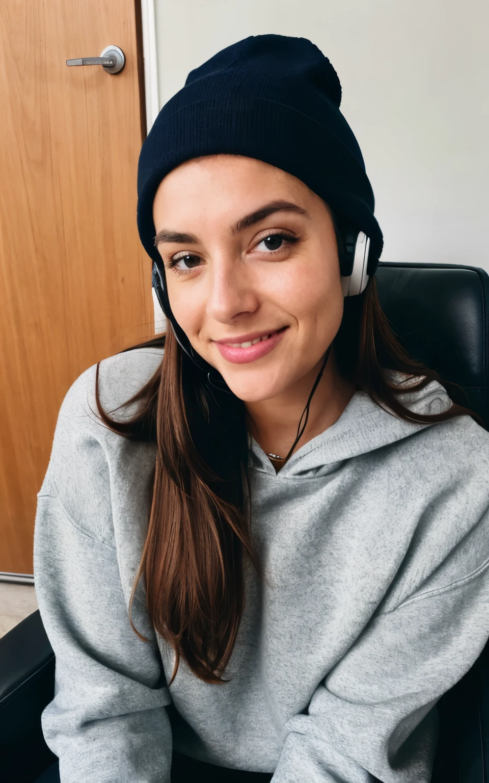 photorealistic, best quality, hyper-detailed, beautiful woman, selfie photo, upper body, solo, wearing a pullover, indoors, real-life, (cheerful, happy), sleeping bag, gloves, sweater, beanie, flashlight, sitting on a chair, wearing headset, analog style, looking at the viewer, skin texture, film grain, close up, ultra high res, best shadow, RAW, Instagram LUT