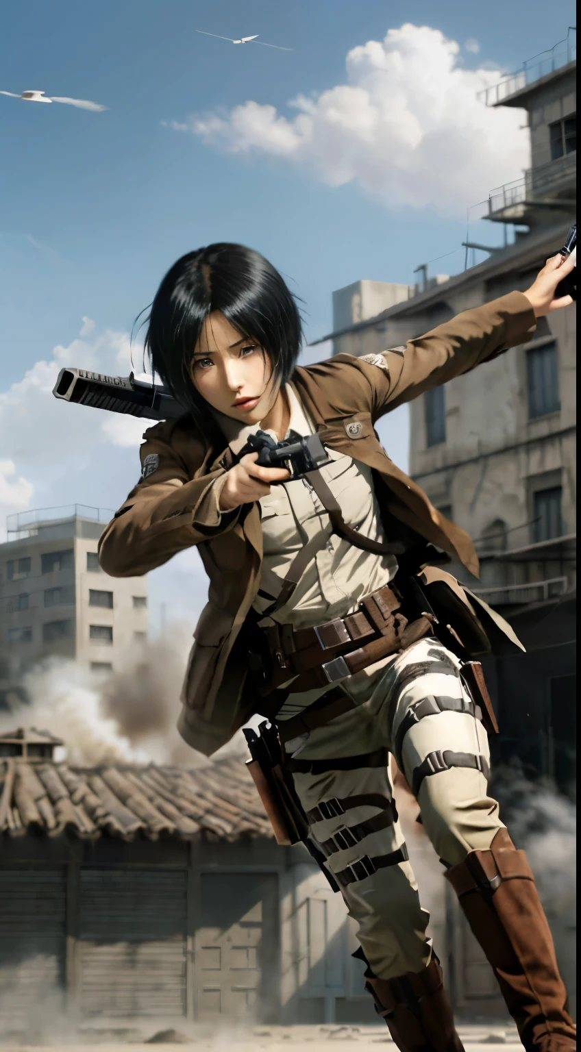 anime character with gun and gun in hand flying through the air, attack on titan covert art, mikasa ackerman, from attack on titan, in attack on titan, (attack on titans anime), shingeki no kyojin, attack on titan anime style, snk, attack on titans, levi ackerman, eren jaeger, badass anime 8 k，Attack on Titan heroine Mikasa Ackerman，with short black hair，Short hair，warrior combat uniform，black color hair，Short hair，Attack on Titan heroine Mikasa Ackerman，with short black hair，Short hair，warrior combat uniform，black color hair，Short hair