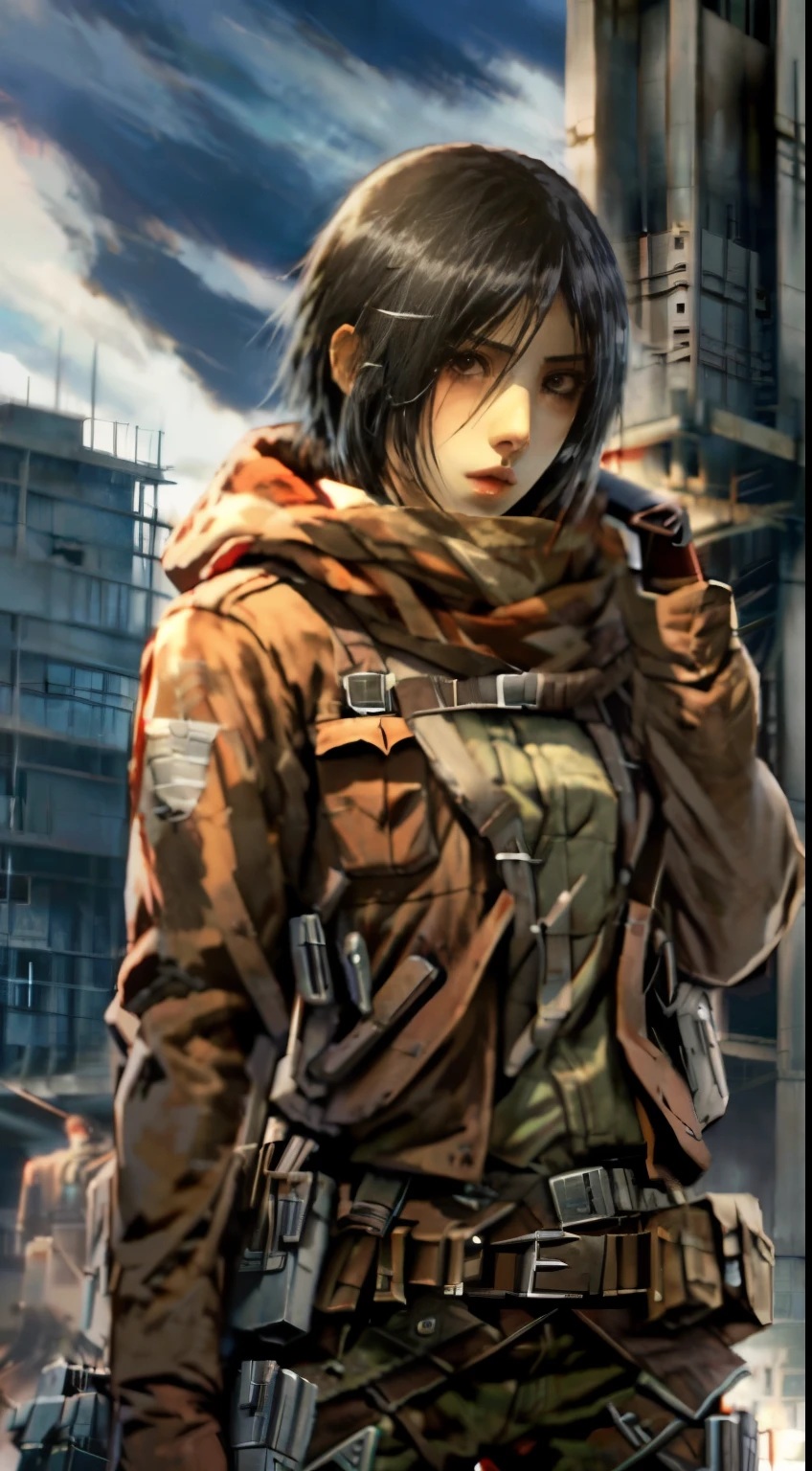 anime character with a gun and a gun in his hand, from attack on titan, mikasa ackerman, female protagonist 👀 :8, (attack on titans anime), attack on titan anime style, annie leonhart, in attack on titan, female action anime girl, female anime character, looking like annie leonhart, female protagonist, official art，Attack on Titan heroine Mikasa Ackerman，with short black hair，Short hair，warrior combat uniform，black color hair，Short hair