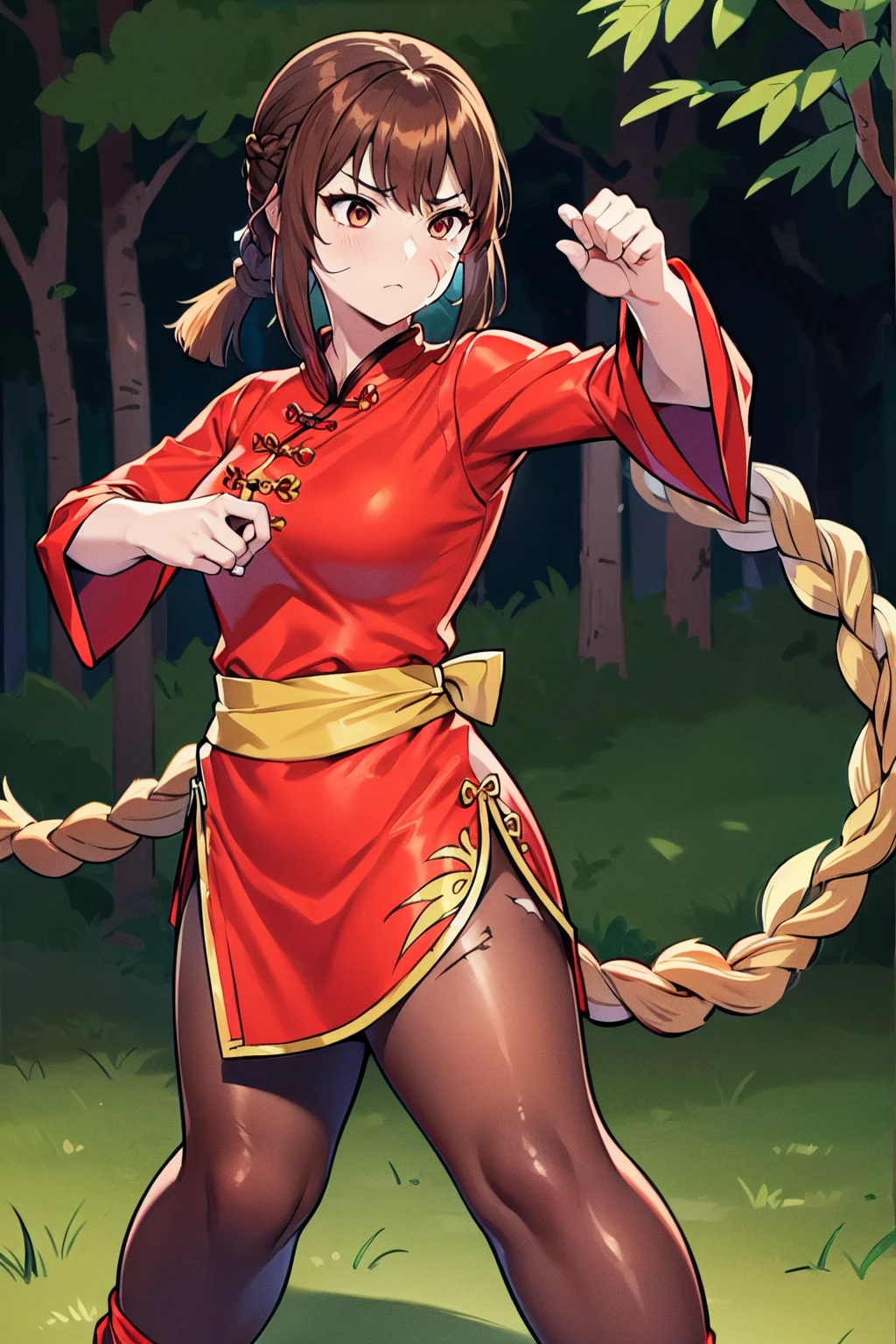 nsfw lei kugo live a live, qipao, chinese clothes, traditional clothes, action pose, full body, brown hair, braided hair, scars on face, martial arts, action pose,lei kugo, live a live, (1girl), medium breasts, ((red chinese clothes)), wanderer, traditional clothes, fighter clothes, gauntlets, elbow gloves, fingerless gloves, stockings, full body,(( brown hair)), ponytail, braided hair, (((scars on face)) , hourglass figure, female, clean face, human head, human proportion, good proportion, normal body shape, action pose, martial arts, kung fu, background, mountain, imperial chinese,