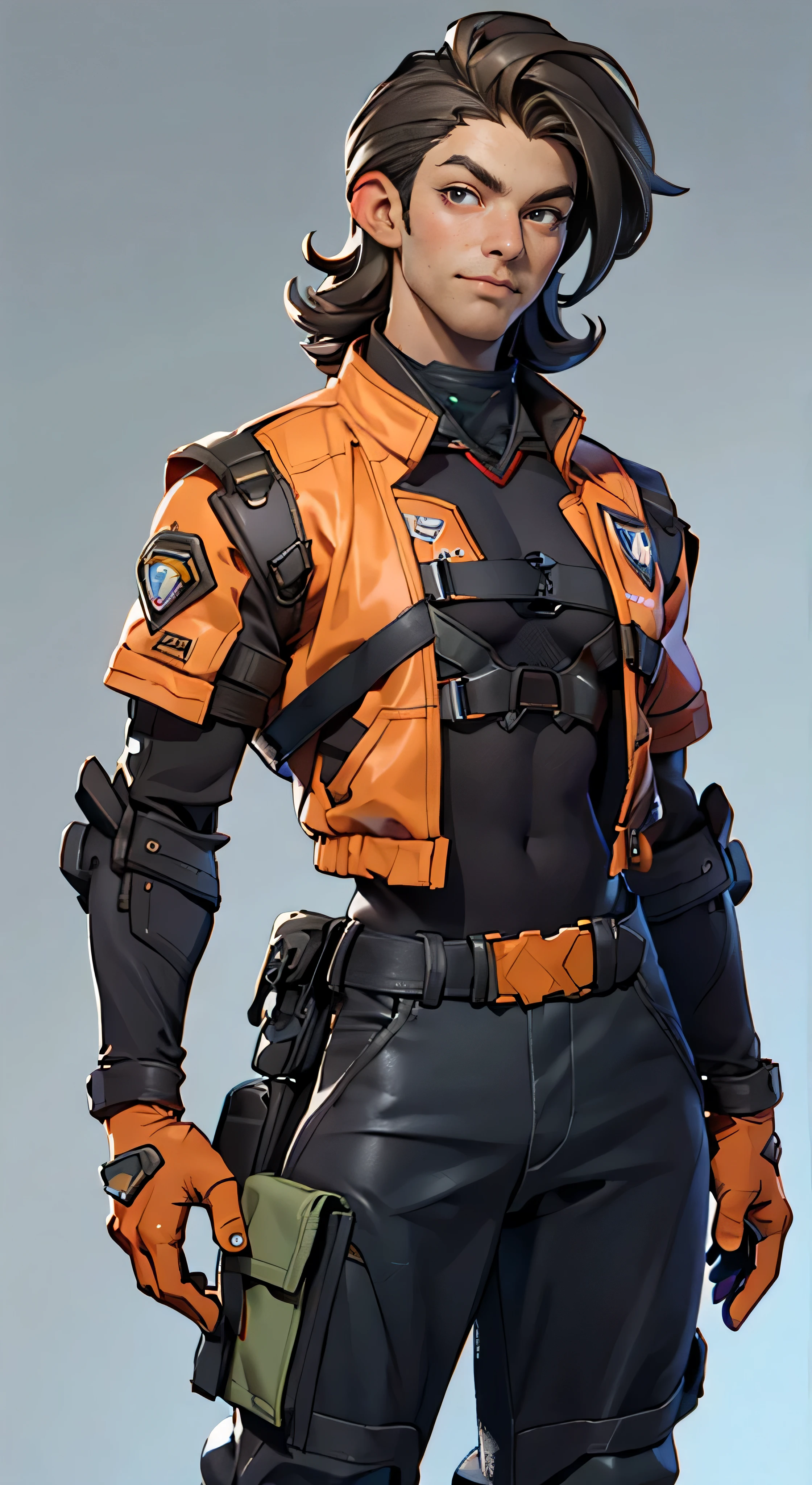 11:23(((Best quality at best: 1.4))),(Unbeatable masterpiece), (hyper HD),(Hyper-realistic 8k CG)、(Cross your hands at your waist),(dark colored hair) ((( body))), (((ung person))),35-year-old American soldier with perfect body,,delicated face,muscular body:1.2,solid orange jacket with details, (Pictures from head to thighs), Complex equipment, Orange coat,long trousers,The clothes inside are dark,Clothes with metal technical parts,Tech Armor )