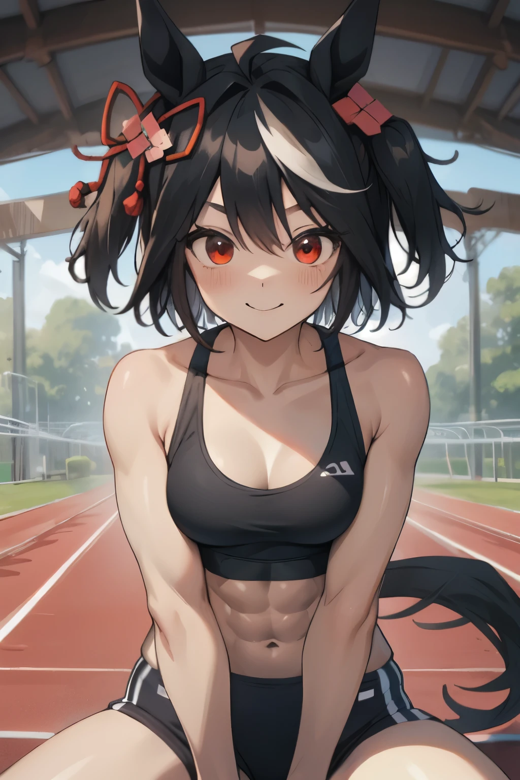 kitasan black\(umamusume\), (ultra-detailed face), symmetrical face, beautiful face, masterpiece, best quality, abs, slender, muscular, horse tail, smile, athletics track, sports bra, medium tits, hand between legs