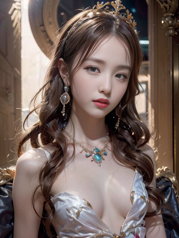 a young saint of 20 years old, Saint with a beautiful and super cute face, naked, showing her breast and genitals . Beautiful cute face, There is a deep slit in the chest、Beautiful face without blemish, Lovely smile, ((7 colors of hair length:1.2)), Big Crown, Hair brooch, Chinese ancient style, Full Body Jewelry, The female saint's chest is round、It's so full,small breast, Innocent face, The most beautiful and detailed pale lipstick, ((thin plump lips:0.3)), Delicate pink and white eyes (White and detailed) Cinematic, Light and Darkness, Dramatic Lighting, magical light, Highly detailed light, True Color, Super sharp, Realistic, The 8k quality, Fantasy universe background, Saints and magical spaces, The most detailed image, Solo, saints, full body shot