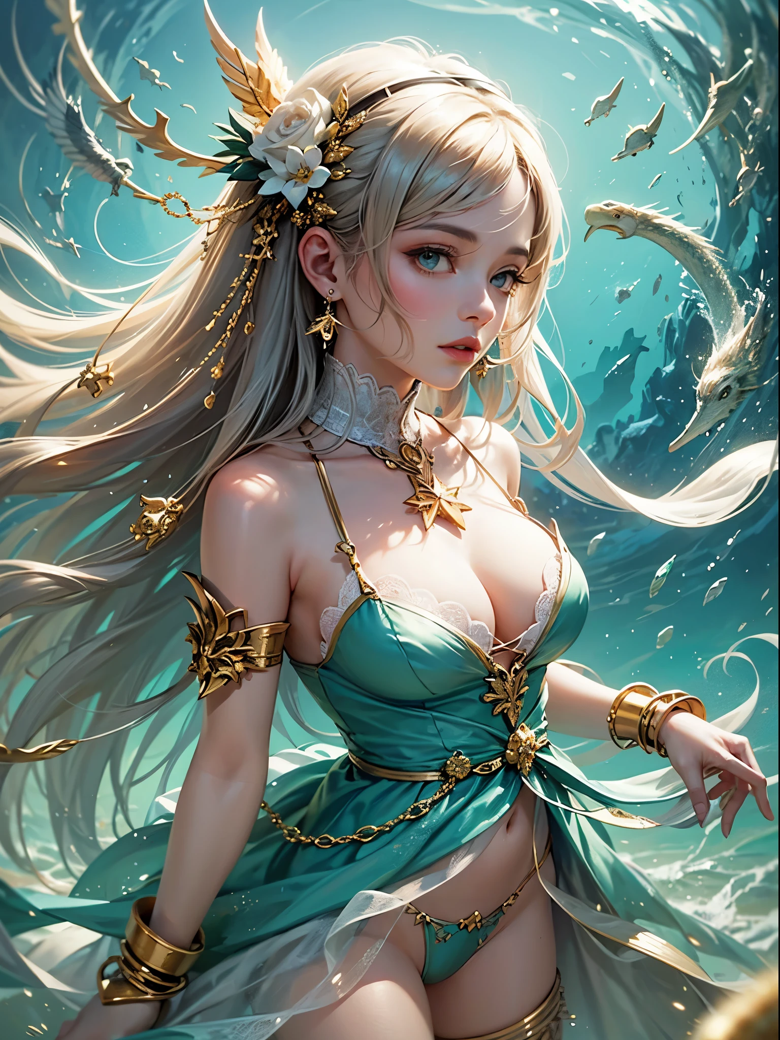art, Unity 8k壁纸, Ultra-detailed, Beautiful and aesthetically pleasing, (s fractal art: 1.3), flower, girls, (Hairstyles: Long hair) Ocean, Extremely detailed, Cowboy shot, The most beautiful, Seafoam, Buble, cute big breasts, ultra quality, random background, random dress, --auto --s2