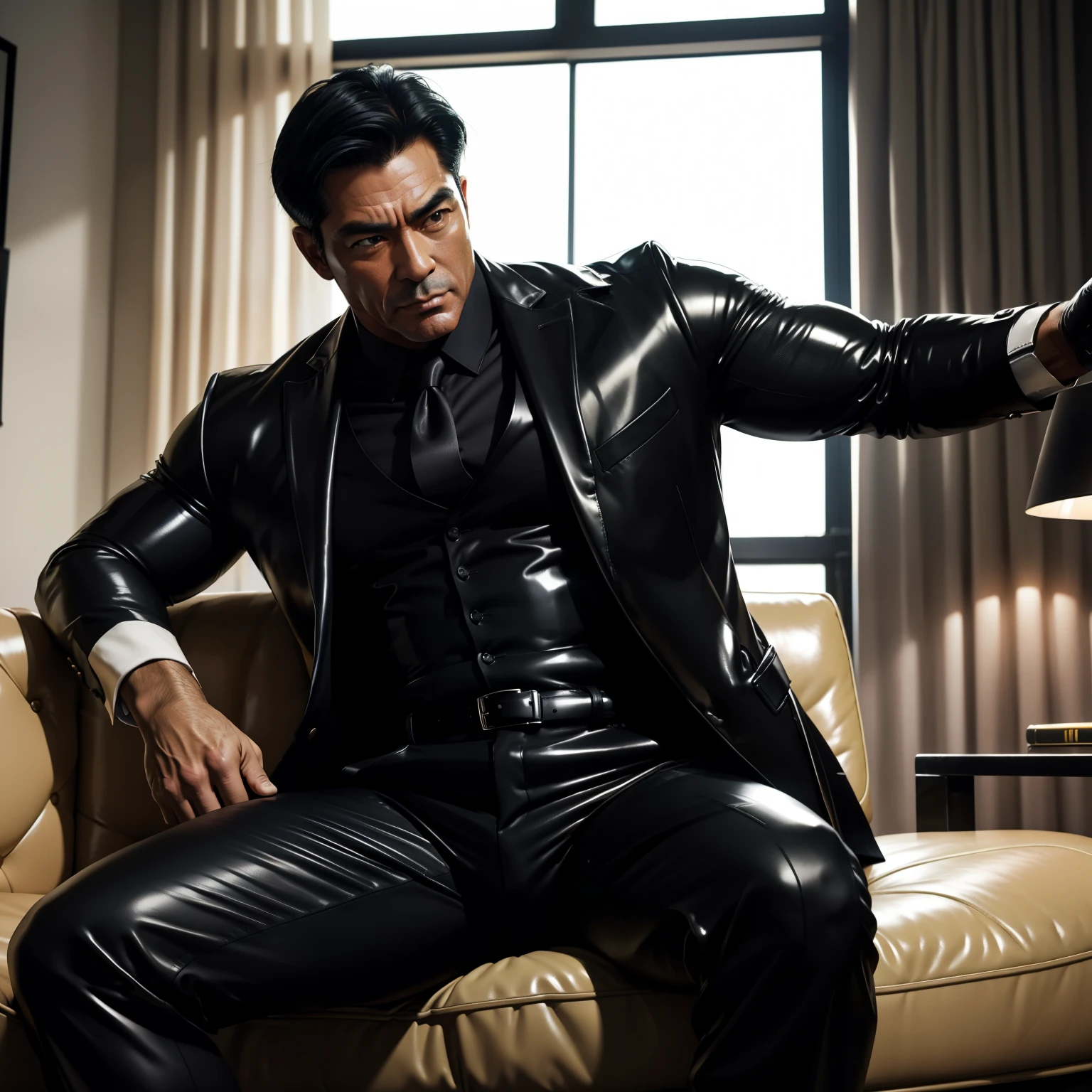 50 years old,daddy,"shiny suit ",Dad sat on sofa,k hd,in the office,"big muscle", gay ,black hair,asia face,masculine,strong man,the boss is,handsome,,leather gloves,lecherous dad,look straight ahead,dad is handsome,dad is handsome ,dad is "horny dad"