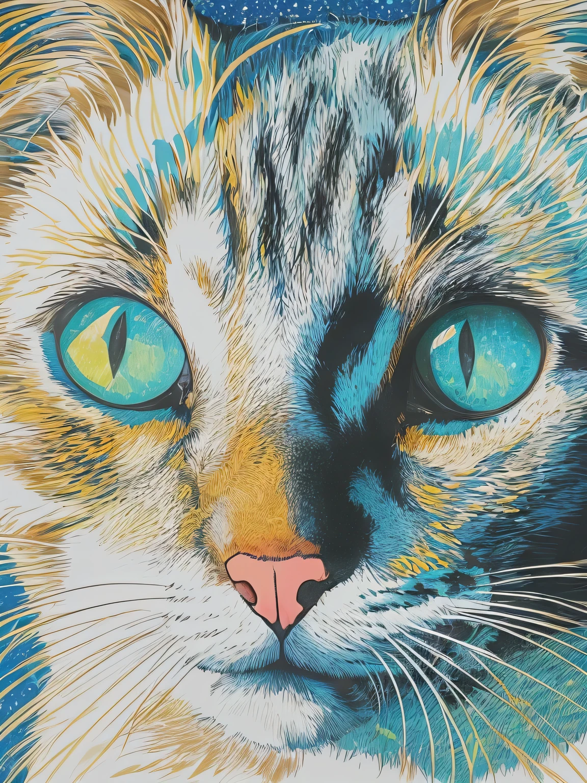 (masutepiece, Best Quality), Beautiful cat, enticing, big gorgeous eyes, (Detailed eyes, Eyes Like Gems, Sparkling eyes:1.3) , blue-sky, (plein air), Bright colors, (Risograph)