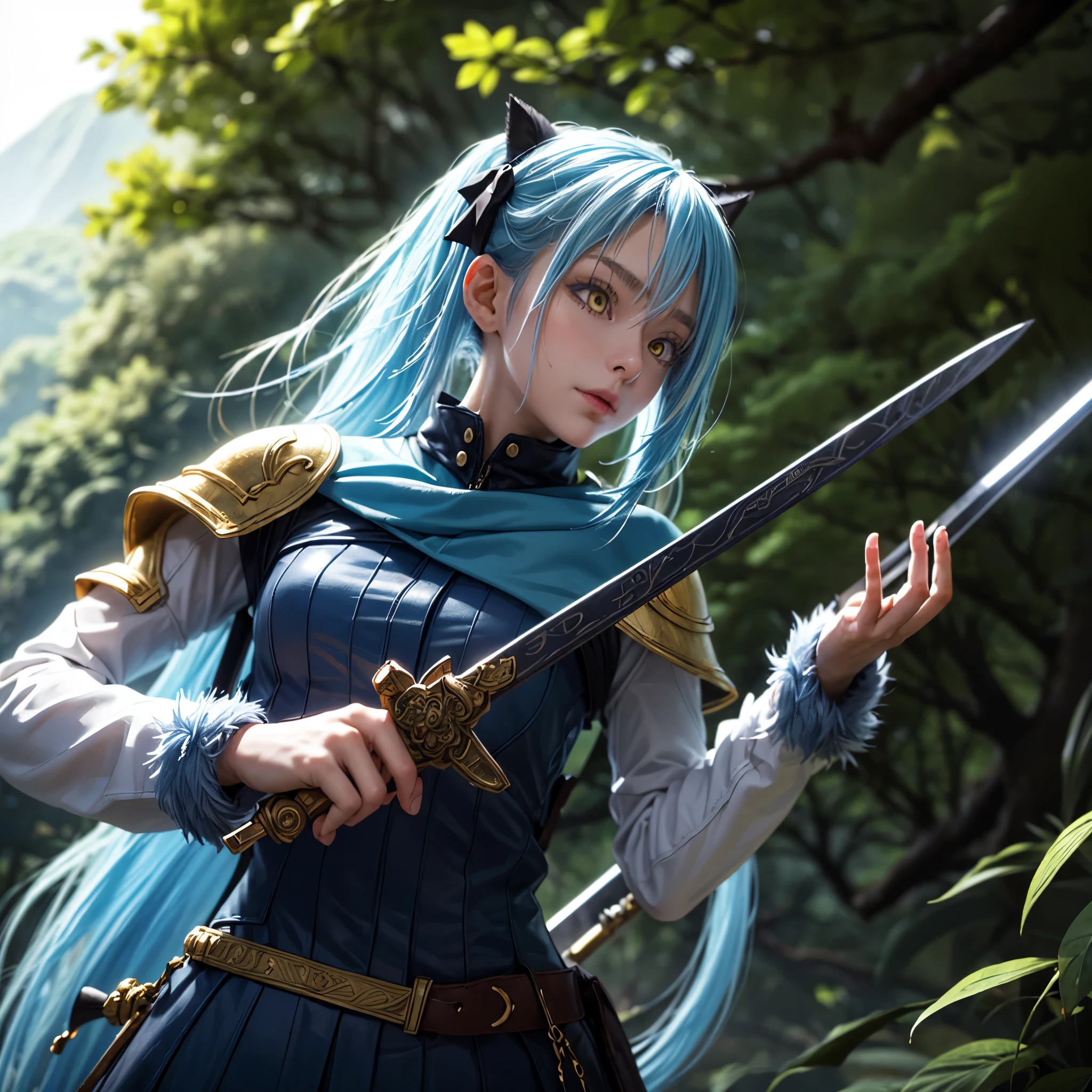 8K, best quality, best resolution, ultra detailed, cinematic lighting, realistic, bokeh, masterpiece, absurdress, beautiful, rimuru_tempest, blue hair, yellow eyes, long hair, weapon, sword, glowing sword, forest, village