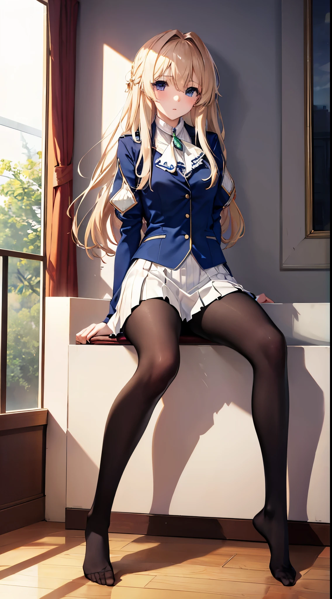 Finest, masterpiece, high definition, (full body), frontal, symmetrical, mature high school girl, solo, (full body from head to toe), small breasts, long hair, slightly messy hair, (black tights), ( (black pantyhose), black pantyhose, (composition where she is made to sit and lift her legs and make her legs open), (bound arms, arms behind back), composition showing white panties, slender beautiful legs, a very beautiful 17-year-old girl (not wearing shoes) legs), blushing, shy big eyes, messy hair, looking at camera, showing white panties, white frilly lingerie, high school uniform blazer, high school uniform White blouse, high school uniform with blue ribbon, high school uniform with short plaid pattern and navy pleated skirt, Violet Evergarden