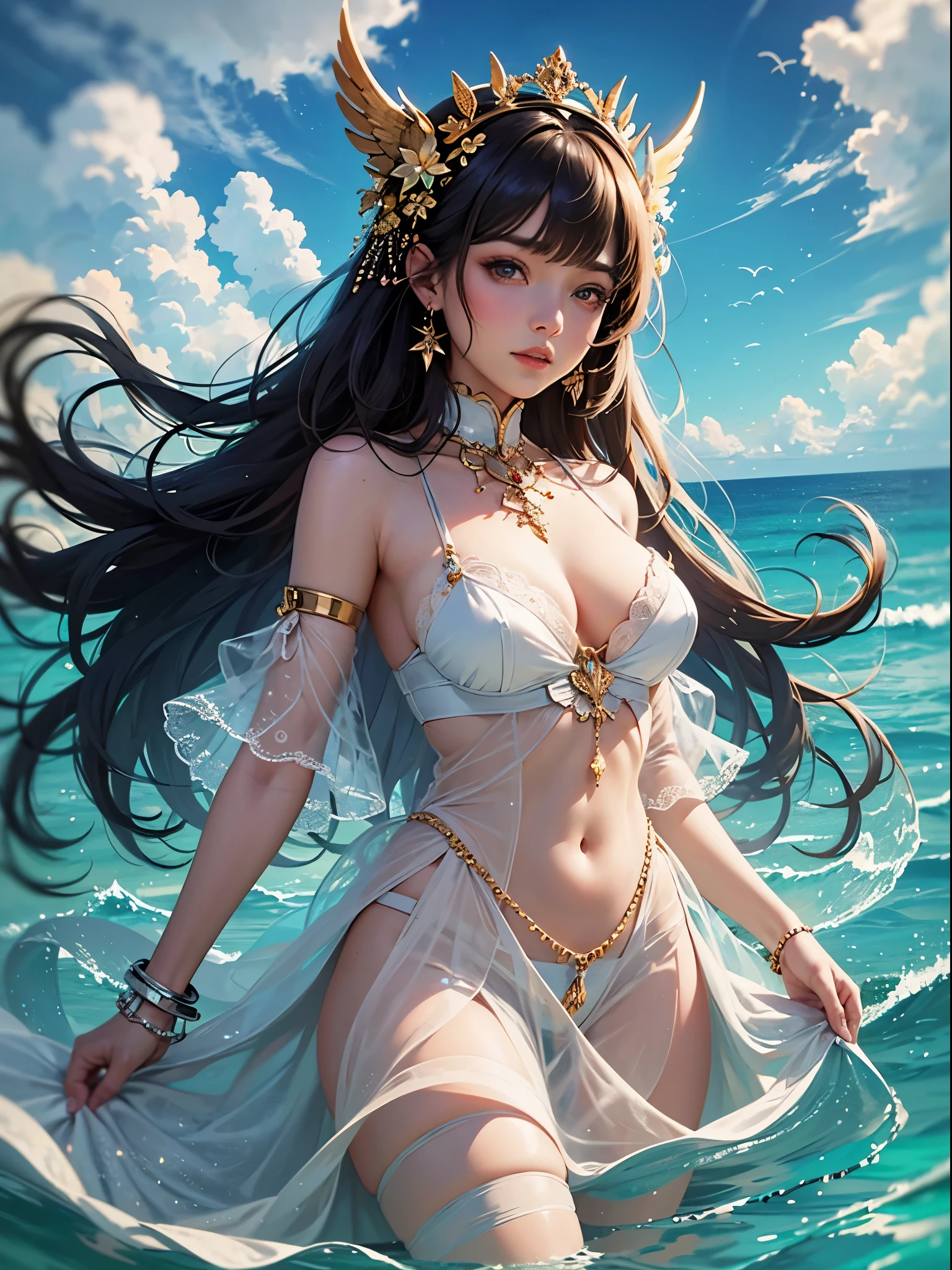 art, Unity 8k壁纸, Ultra-detailed, Beautiful and aesthetically pleasing, (s fractal art: 1.3),  flower, girls, (Hairstyles: Long hair) Ocean, Extremely detailed, Cowboy shot, The most beautiful, Seafoam, Buble, cute big breasts, ultra quality, random background, random dress, --auto --s2