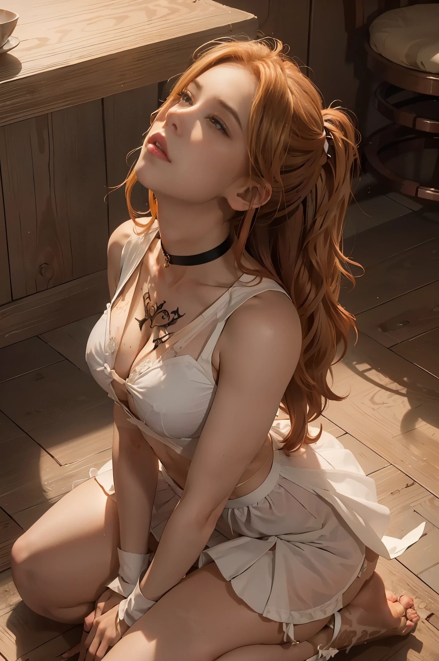 (masterpiece, best quality),1man 1 woman,((extremelyintricate)),(8kbestqualitty), (((a woman on her knees seen from above))), a man standing in front of kneeling woman, (asian:1.1), (from above:1.6) (covered in cum:1.2), (arms behind their backs:1.4) ,(kneeling next to each other:1.4), (looking up:1.4), side by side, two woman s kneeling side by side, beautiful faces, eye contact, submissive slut, posing, blushing, choker, tattoos, slutty outift, wavy hair, waifu, on the bed, golden hour, collar, ginger hair, blonde, pig tails, tied up hair, (messy hair:1.2), (submissive:1.6) high waist, slim figure, soft skin, soft clothing, submissive outfits, stockings, linen shirt, beautiful outfit, see through shirt, sexy maid dress, beautiful tits