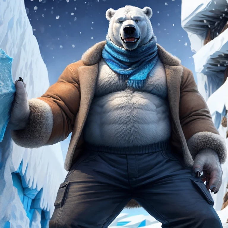 ((Polar Bear)), white teeth, ((standing)), saliva, (((white)) furred body)), ((dominant)), ((intimidating)), dilf, Daddy, father figure, mature male, hunk, pecs, ((crotch focus)), ((Antarctica)), ((very detailed background)), ((very detailed lighting)), ((very detailed hands)), ((well drawn hands)), ((very detailed crotch)), ((very detailed fur texture)), ((very detailed)), very high resolution, very high quality, ((winter fur coat)), ((very detailed clothing)), ((winter scarf)), ((from below)), ((winter pants))