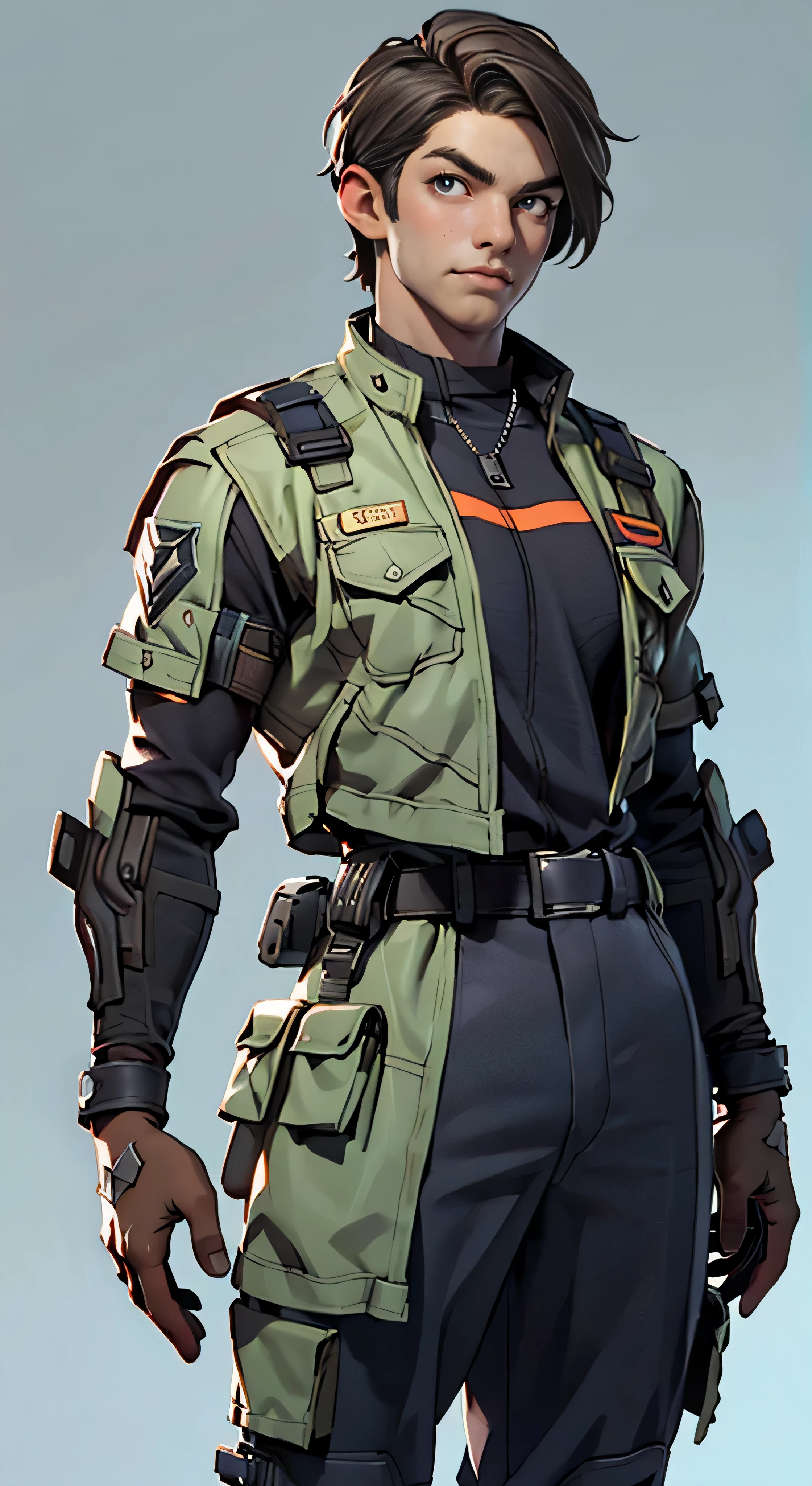 11:23(((Best quality at best: 1.4))),(Unbeatable masterpiece), (hyper HD),(Hyper-realistic 8k CG)、(Cross one hand at waist),(dark colored hair) ((( body))), (((1 young person))),35-year-old American soldier with perfect body,,delicated face,muscular body:1.2,Solid blue jacket with details, (Pictures from head to thighs), Complex equipment, Orange coat,long trousers,The clothes inside are dark,Clothes with metal technical parts,Tech Armor )