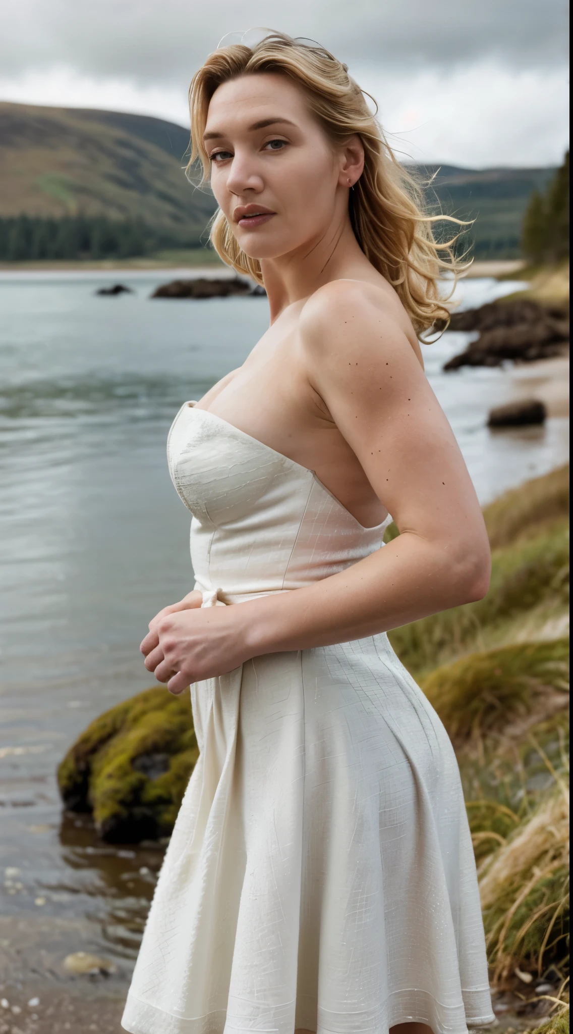 ( high quality Photograph of Kate winslet )  (random shit, full body photograph) (insanely detailed skin texture, hyper photorealistic texture, detailed features, depth of field) ,photo awarded ,  blonde hair blonde blown by wind emerald eyes strapless dress modern by Jeremy Lipking by Antonio J. Manzanedo by lee jeffries Nikon D850 film Stock Photography 4 camera kodak portra 400 lens f1.6 rich colors realistic texture hyper realistic dramatic lighting unreal mechanism trend on artstation cinestill 800, windy beach, Scottish loch, forest