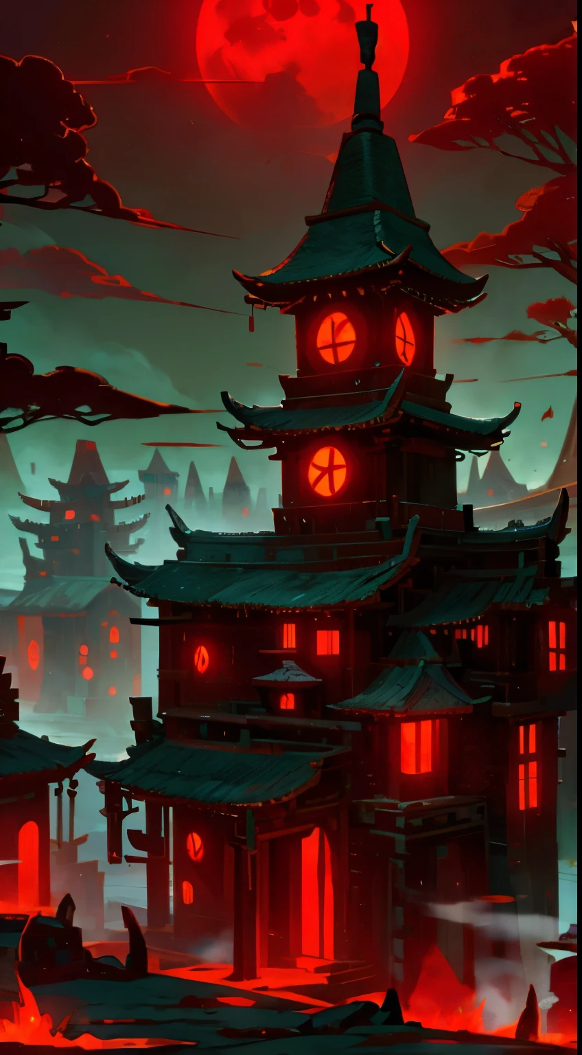 Ancient village, blood moon, beautiful landscape, scenery