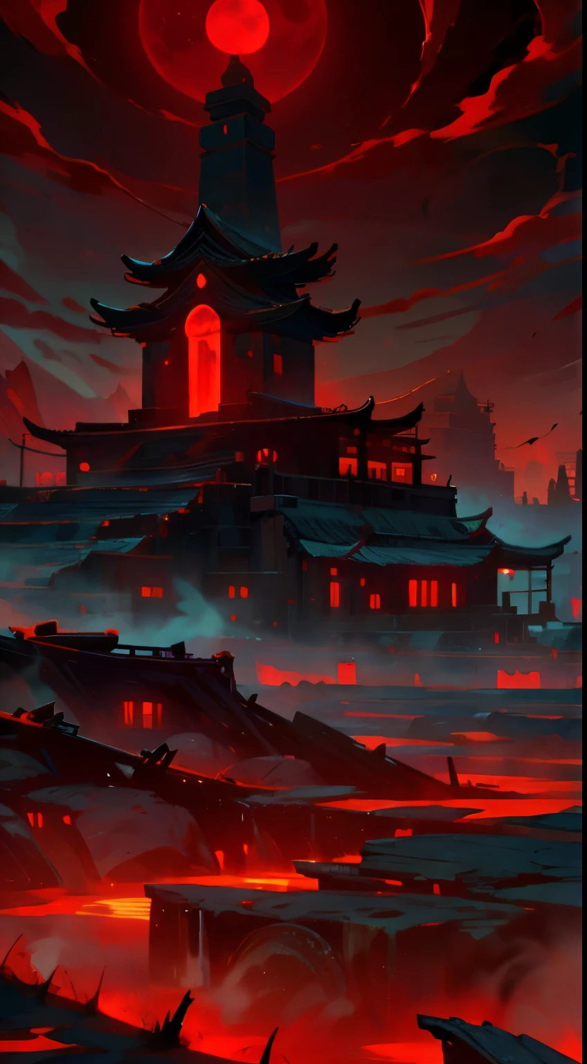 Ancient village, blood moon, beautiful landscape, scenery