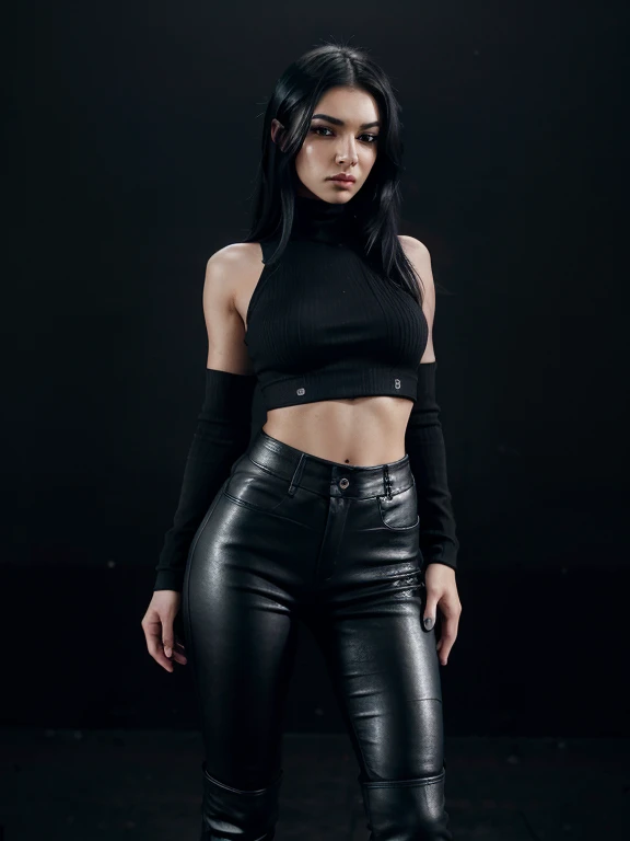 beautiful girl, ((standing:1.4)), (confident gaze:1.1), full body, short bright neon streaked black hair, ((realistic highly detailed eyes:1.4)), ((seductive pose:1.2)), black eyeshadow, (street style wear:1.2), ((tight fitted pants)), ((knee high leather boots)), (dark city night black background:1.4), dark makeup, digital art, trending on artstation, highly detailed, fine detail, intricate, detailed facial features, sharp focus, smooth, aesthetic,