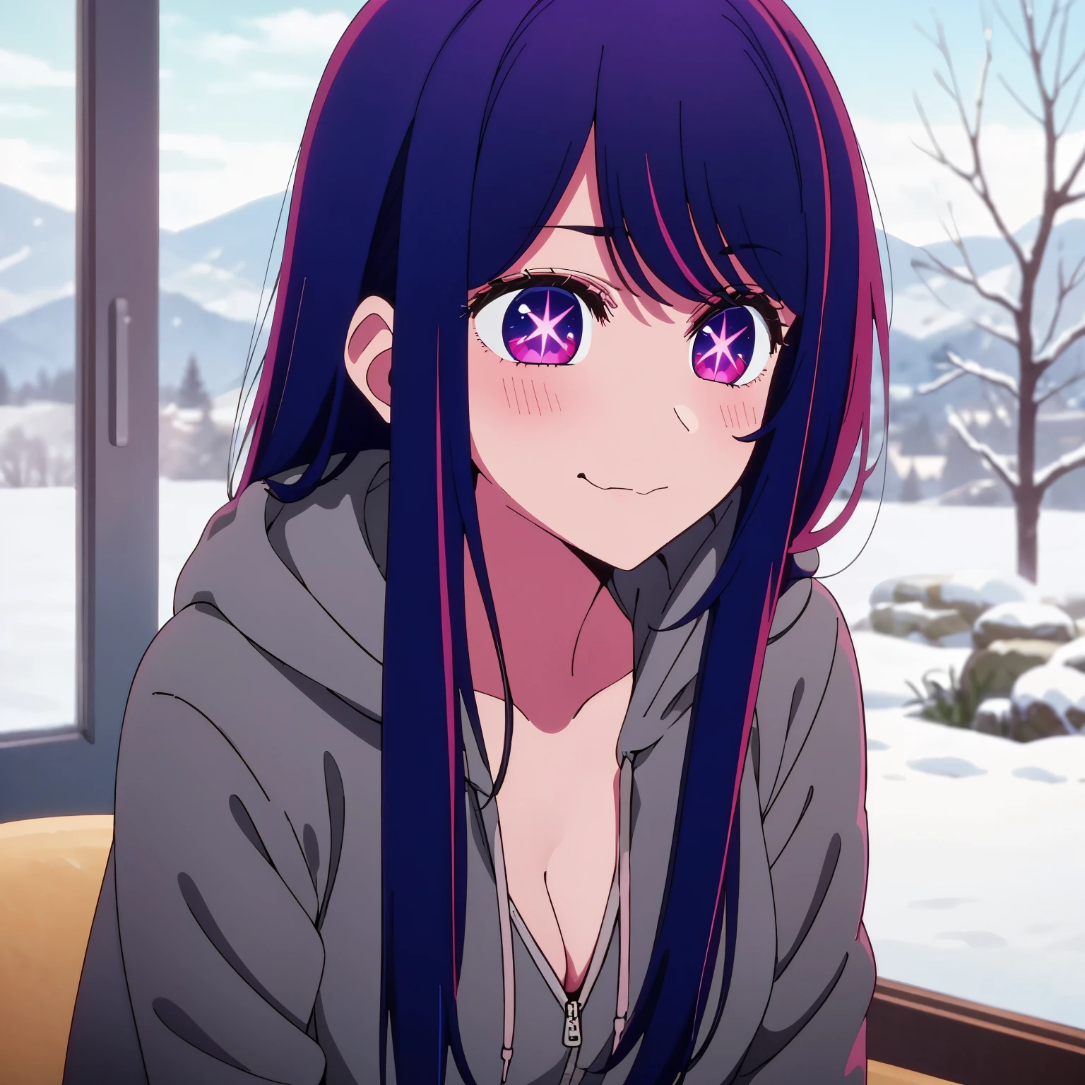 winter styled, best quality,highly detailed,1girl solo,direct eye contact,soft lighting,anime styled,sweater, pouting ,cute,winter theme, Anime girl with long hair and purple eyes, Anime Girl、A slight smile、Ai Hoshino, highres, vibrant colors,cozy atmosphere,lit lights,Cozy cabin, snow falling,cute, 1girl, solo ,purple hair, close up, stomach, medium breasts, pouting, snowflakes, black hoodie, black hoodie, cleavage