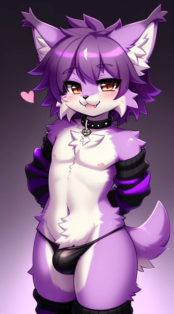 Furry male, eyeliner, eyelashes, (((black eyeshadow))), ((male focus)), lynx, (((purple fur))), (purple hair), furry, cute fangs, cute, medium hair, furry, anime style, fluff, fluffy, thuft, disheveled, realistic fur, detailed, detailed shadows, cheeks fluff, ((fullrender)), <3 eyes, icon portrait, avatar icon, only face, smug face, ((super fluffy)), (upper body), one fang, ((shoulder fluff)), ((shoulder tuft)), ((hairy body)), (((fluffy body))), (((furry body))), thicc thighs, detailed hands, yiffy, teasing face, ((bedroom background)), (((kemono))), ((leg warmers)), ((arm warmers)), upper body, seductive pose, solo focus, ((by jinxit)), claws, blush, :P, (by kilver), hair accessories, hair ornaments, collar, standing, crop top, thong, bulge,