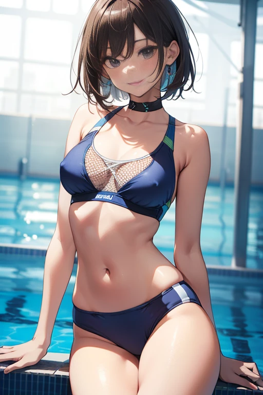 top-quality、Full limbs、complete fingers、Slender beauty、straight haired, very short hair、knee high、futuristic swimwear combination、both bra and pants use very little material, Small eye lid、swimwear combination has an ultra fine mesh, swimwear combination translucent, the swimwear combination barely covers vagina and nipples and are made by long strings, you see nipples through bra, you see vagina slit through swim shorts,swimwear combination has the exact skin colour tone, very cheeky smile, alluring eyes, very flat breasted