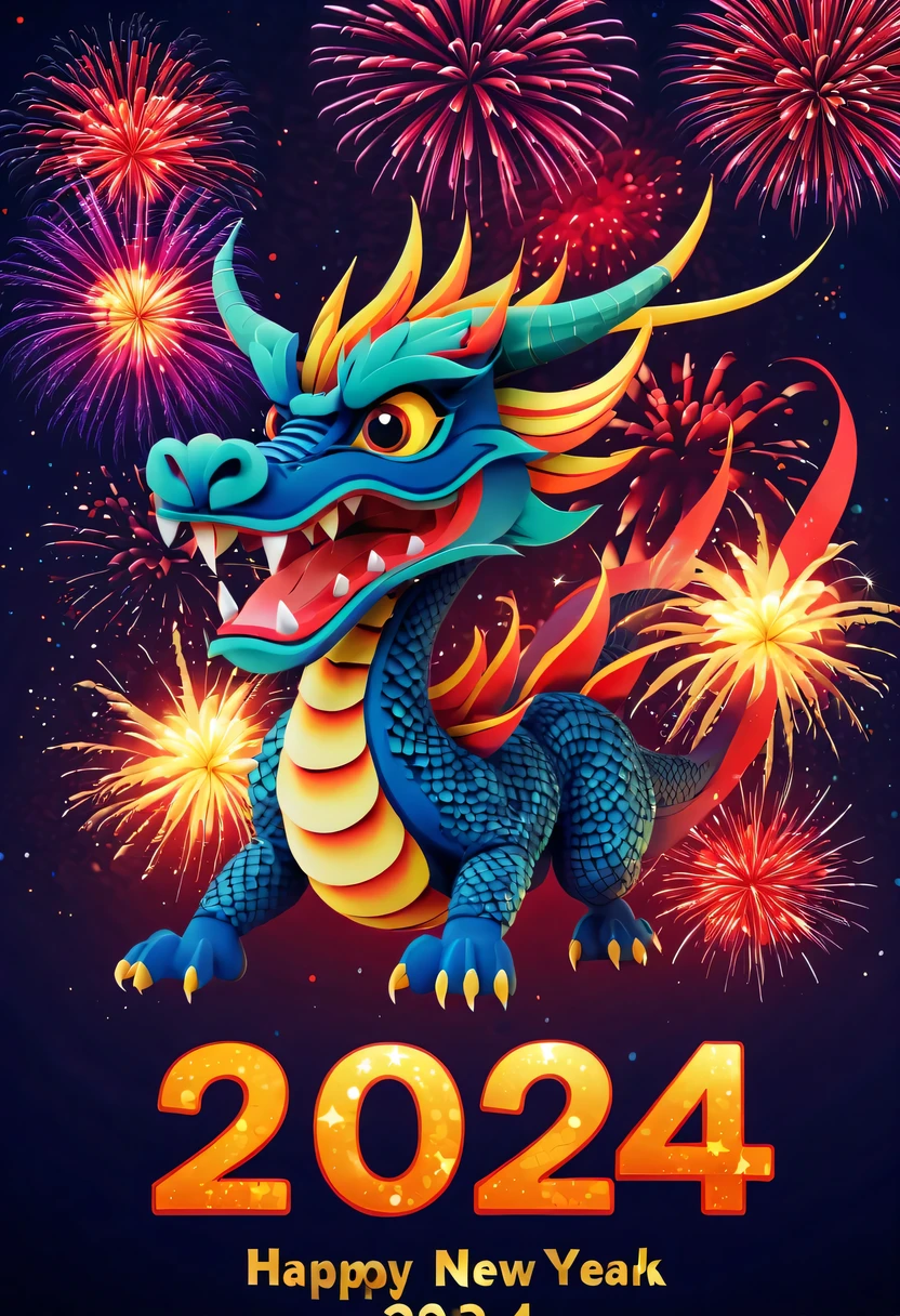 Holiday poster:(2024,new year poster),(new year'New Year's Eve 2024), (fire works:1.2), nigh sky,chinesedragon,