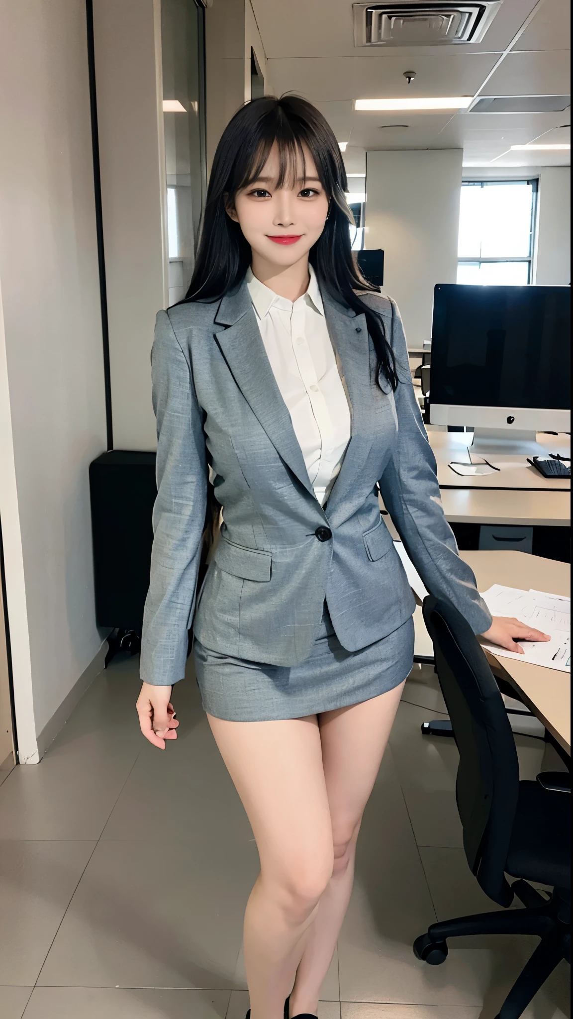 (standing in office), 1 woman, solo, thick thighs, beautiful legs, office lady, realistic, raw photo, business suit, skirt, hair, bangs, looking at viewer, best quality, large breast, smile, Realistic Skin Textures, full body,