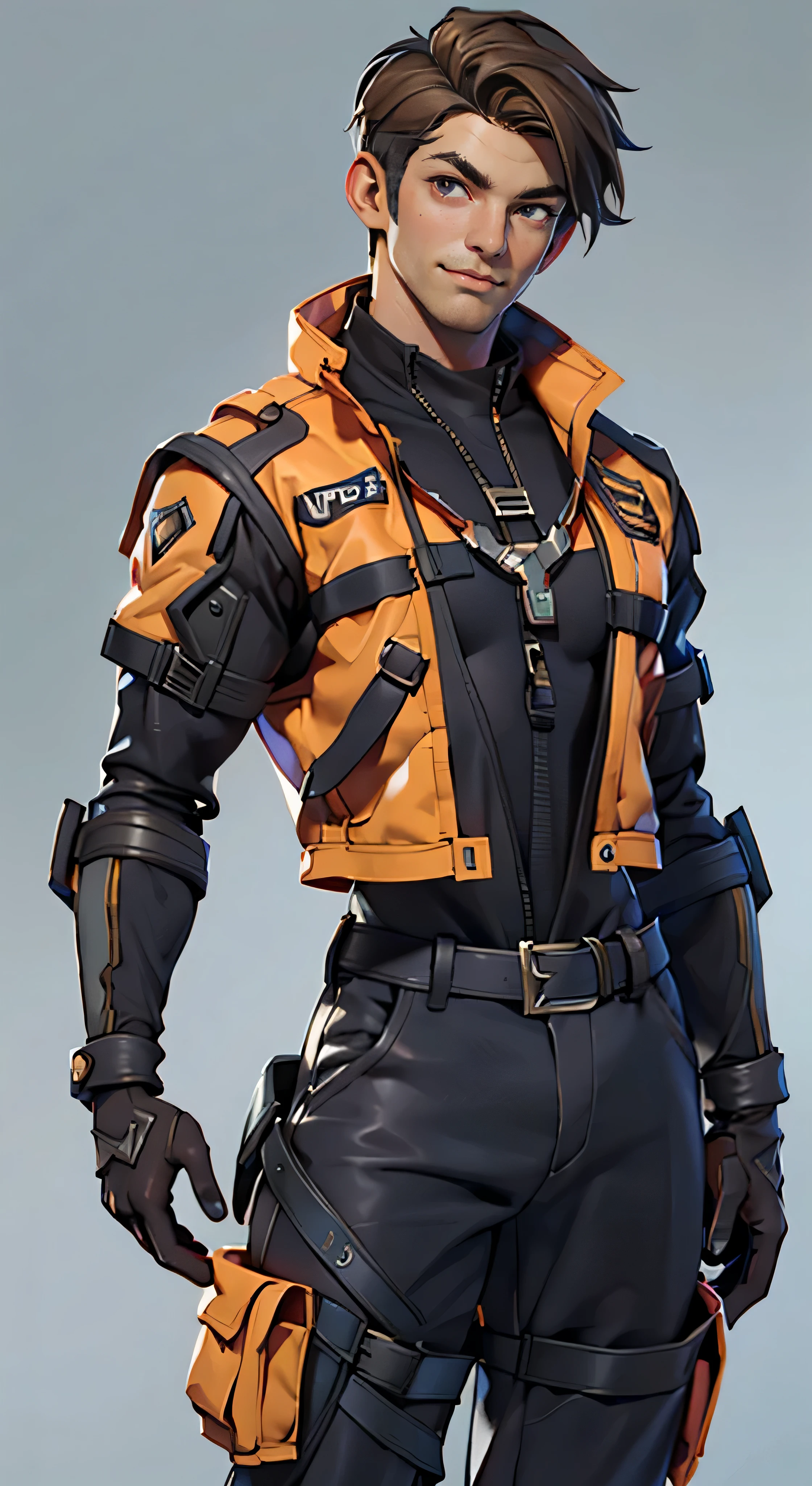 11:23(((Best quality at best: 1.4))),(Unbeatable masterpiece), (hyper HD),(Hyper-realistic 8k CG),(Cross one hand at waist),(Cross one hand at waist),(dark colored hair) ((( body))), (((1 young person))),35-year-old American soldier with perfect body,,delicated face,muscular body:1.2,solid orange jacket with details, (Pictures from head to thighs), Complex equipment, Orange coat,long trousers,The clothes inside are dark,Clothes with metal technical parts,Tech Armor )