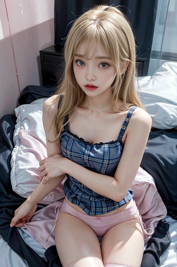 photorealisim、top-quality、超A high resolution、NSFW、Japanese high school girl、18year old、Girl in uniform sitting on bed、low angle shot:1.5、M-shaped legs:1.4、She opened her legs wide:1.5、Sitting with your knees bent and your legs spread、((Show panties:1.5))、sexy look at the camera、((blondehair))、((Pink Silk Panties))、Close-up in panties:1.4、Light blue shirt、Dark blue tartan plaid pleated skirt、Dark blue socks、Detailed cute and beautiful face、(pureerosface_v1:0.008)、Brown-eyed、eye liner、red blush、embarrassed from、glares、 shiny lips: 1.4, impatience、Frightened、glares、Panty appeal、Close-up in panties:1.3、red blush、is crying、Crying、Open knees、open one's legs、Disheveled clothes、Dorecinedium long hair,In the bedroom、Anatomically accurate human body、perfect arms、perfect hand、perfect hand指、perfect leg、accurate human body