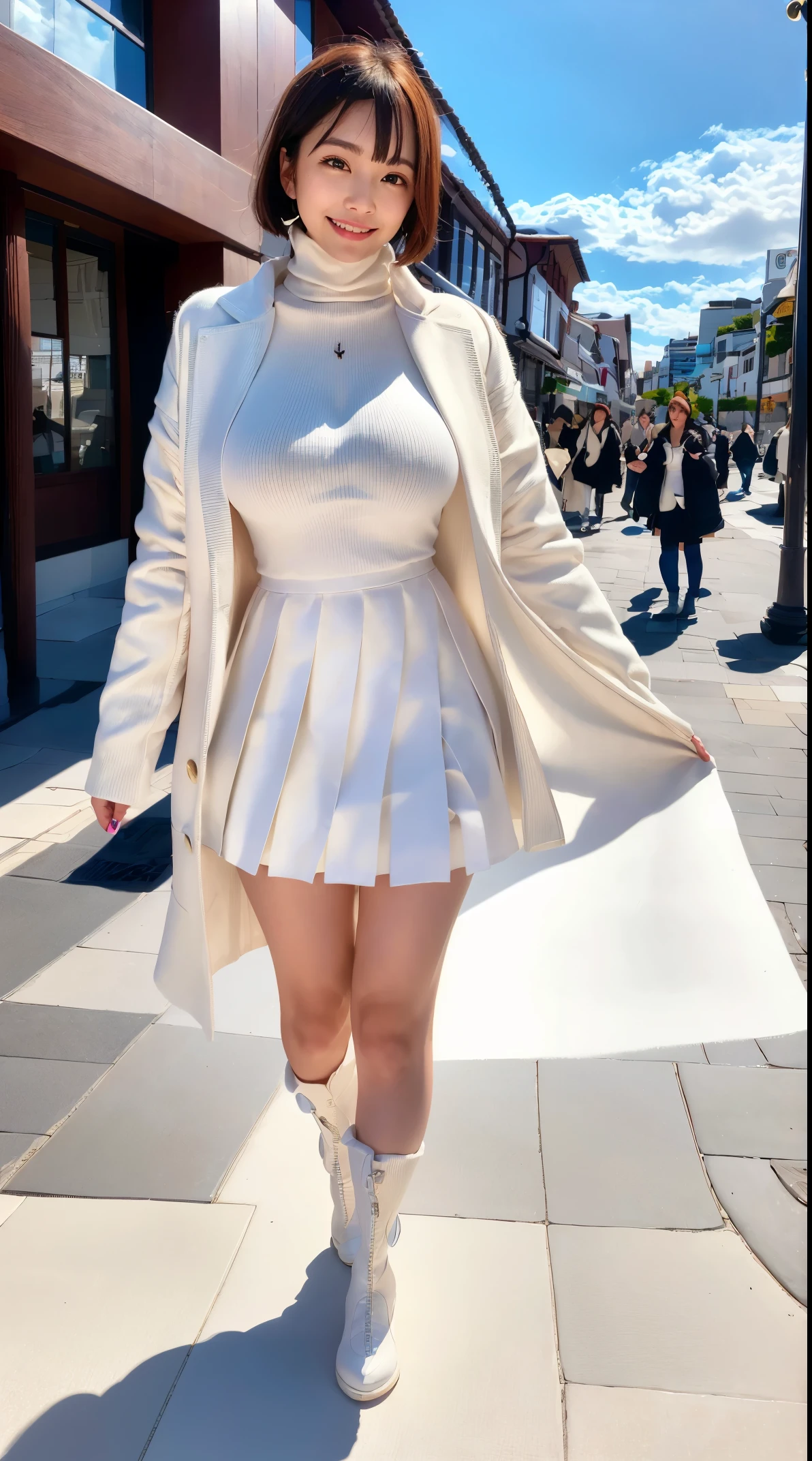 (in 8K、超A high resolution、Best Quality、masuter piece、Photorealsitic、The ultra -The high-definition)、(huge tit、Pretty big breasts、toned body、Always hide all breasts(Always wear a white turtleneck、white chester coat、Must have pleated skirt:1.3)(walking through the city in winter:1.2)A Japanese Lady、Cute smile、Short boots