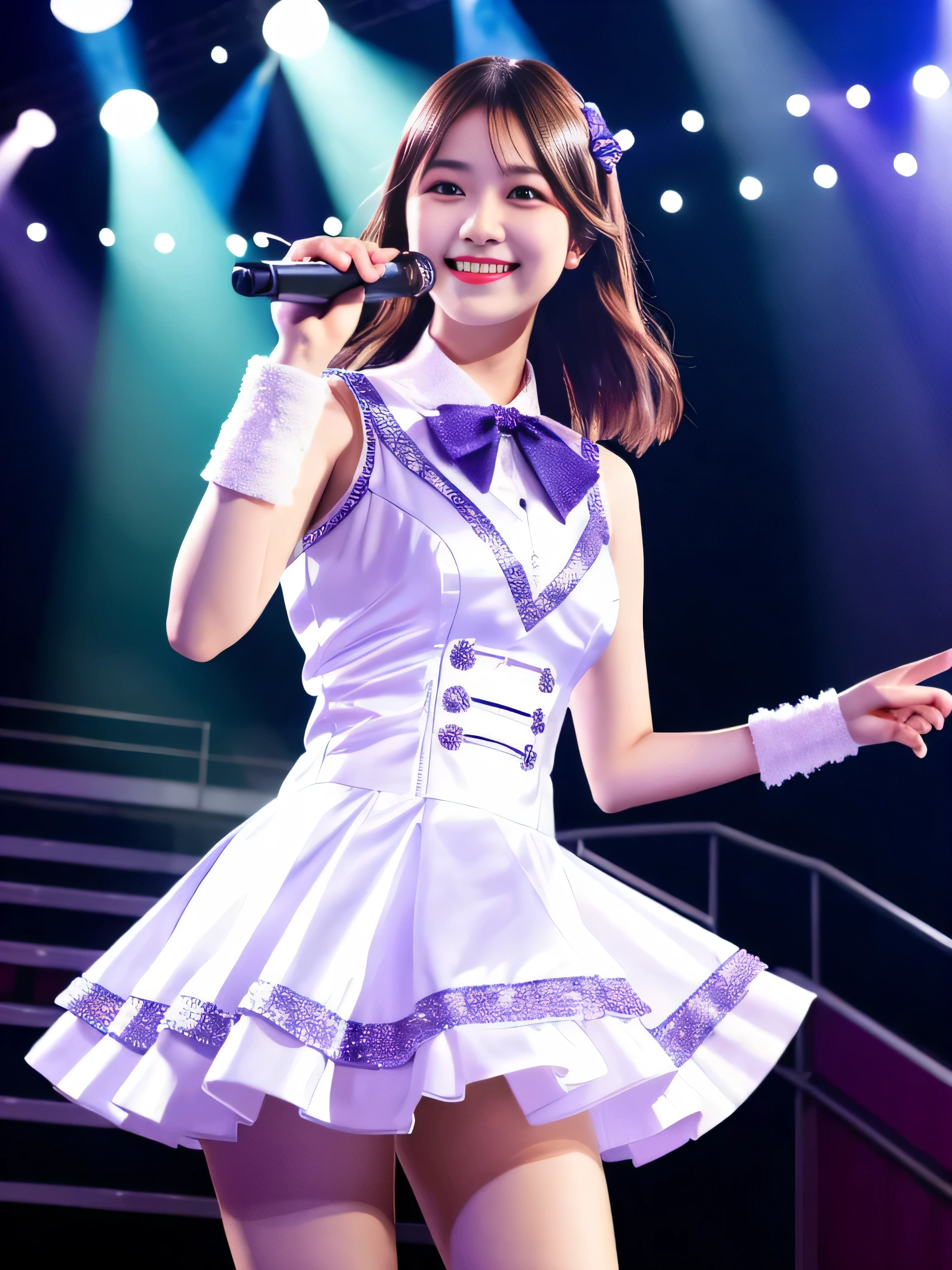 Realistic, Photorealistic, Masterpiece, Best Quality, One Girl, Solo, In the Stage, Stage Lighting, Stage Spotlight, Look At Audience, Smile, idol_singing_costume, (pureerosface_v1:0.8),Korean Idol,Nogizaka Idol,Actress,Gravure Idol