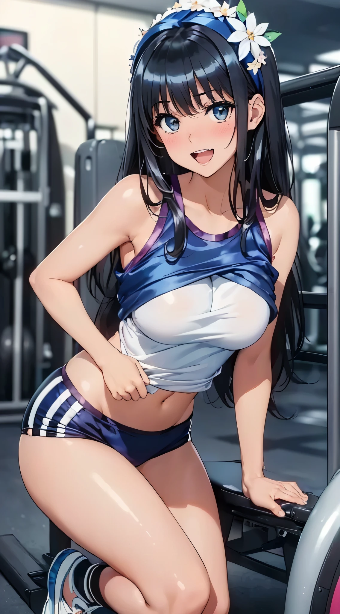1womanl,Black hair,14years ,(()),Beautiful breasts,(((sexy white and blue shiny gym clothes)))(())(((Blushing cheeks、Smile with open mouth)),(((Satin Narico))),((( portlate))),Crowds,Shiny white and blue gym clothes,