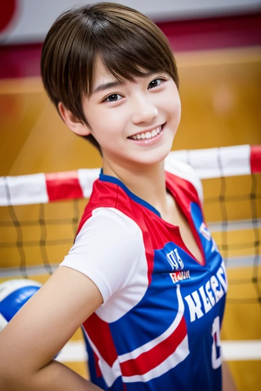 top-quality、​masterpiece、hight resolution、4K、real 18 year old woman、Volleyball Costumes、a smile、Shorthair、1girl in、