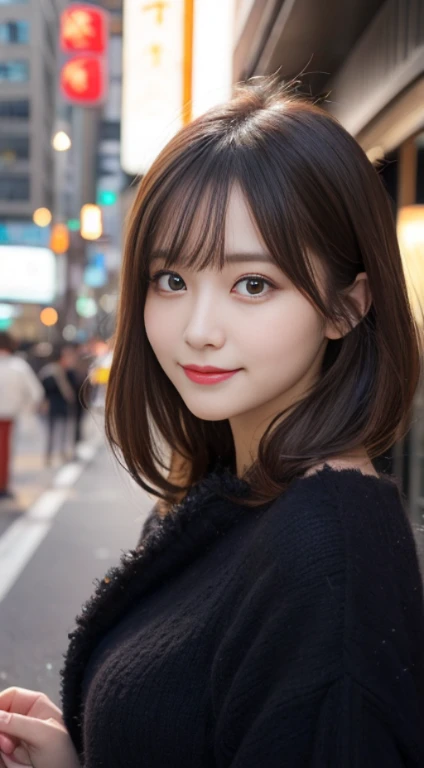 masutepiece, Best Quality, Illustration, Ultra-detailed, finely detail, hight resolution, 8K Wallpaper, Perfect dynamic composition, Beautiful detailed eyes, Gorgeous black fluffy Tokyo winter clothes,Medium Hair,small tits,Natural Color Lip, Bold sexy poses,Smile,cafes、20 years girl、Cute、Sexy shot looking at camera,Always blur the background,Perfect and beautiful face,Take only the face,beautiful and detailed face、slim face and style,Big eyes
