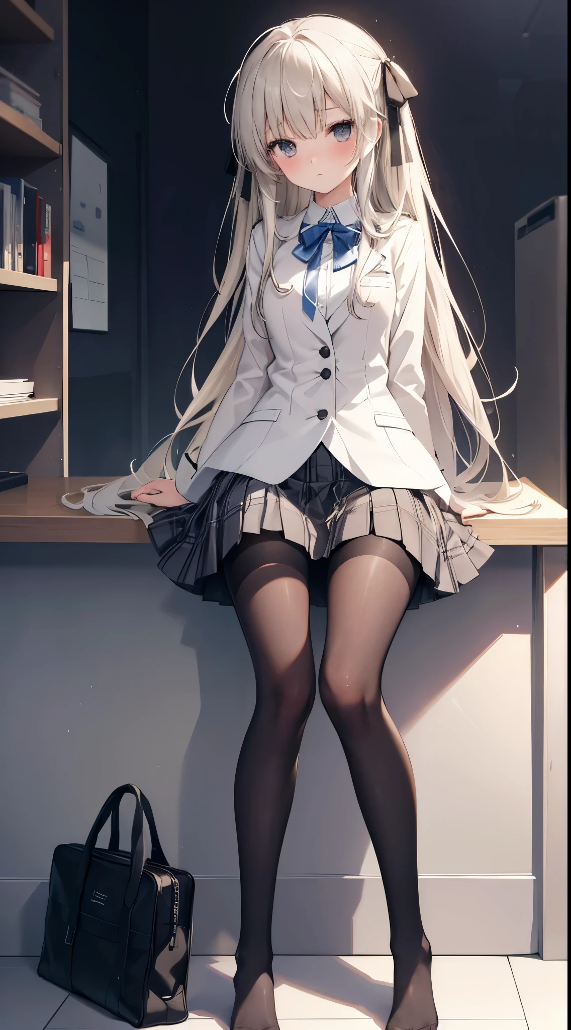 Finest, masterpiece, high definition, (full body), frontal, symmetrical, mature high school girl, solo, (full body from head to toe), small breasts, long hair, slightly messy hair, (black tights), ( (black pantyhose), black pantyhose, (composition where she is made to sit and lift her legs and make her legs open), (bound arms, arms behind back), composition showing white panties, slender beautiful legs, a very beautiful **************** (not wearing shoes) legs), blushing, shy big eyes, messy hair, looking at camera, showing white panties, white frilly lingerie, high school uniform blazer, high school uniform White blouse, high school uniform with blue ribbon, high school uniform with short plaid pattern and navy pleated skirt, Sora Kasugano