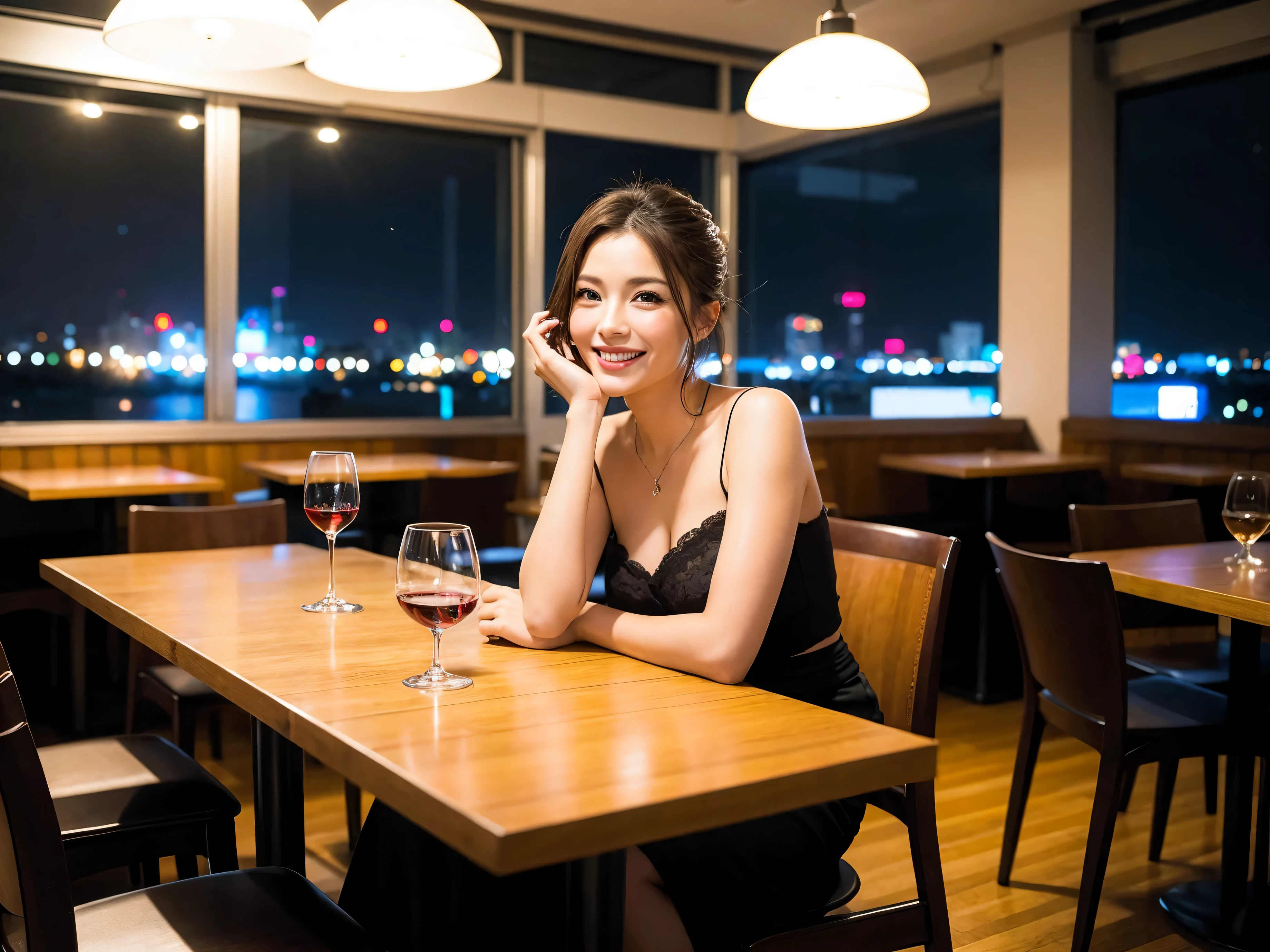 (64k uhd, nffsw, of the highest quality, masutepiece: 1.2), (Realistic, Photorealistic: 1.37), Pretty Woman 1, (Slim Face), (slimボティ), (Brown hair), (short-cut), Dutchman、Americana、Frenchman、cheeks blush a little, (40 years old), 38 years, Solo, A beautiful and detailed night view spreads out outside the window........, restaurant, wine glassesに座って, At night, In a prominent place (from waist up) NovaFrogStyle, actress, Model, waist-up, white wine, slim, wine glasses, Super clean night view, 真ん中に置かれたwine glasses, Happy smile, (Smile: 1.15), Beautiful fine eyes, Upper body, Bust Japan Up, Night, Short, Short, actress, Model, waist-up, white wine, slim, wine glasses, Super clean night view, 真ん中に置かれたwine glasses, Happy smile,