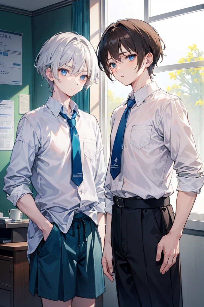 Two boy, A silver-haired boy and a brown-haired boy, Talking、Boy with blue eyes and white short hair, Brown short-haired boy with brown eyes、empty classroom、It was dark，It was raining outside the window、The love of two people who love each other、A high resolution、ultra - detailed