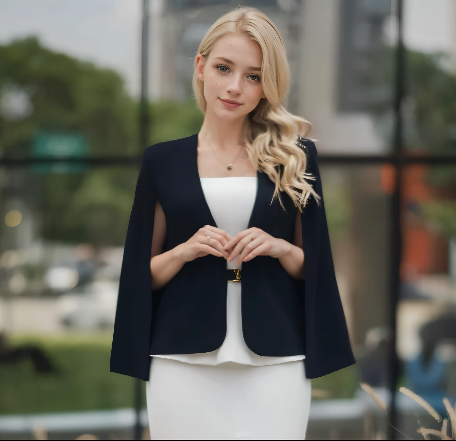 Rosto de uma mulher, americana, 25 anos, pale skin and freckles, olhos cinzas, nariz delicado, soft and delicate lips, cabelo blondie cinza longo e ondulados, sorriso meigo, olhar sedutor