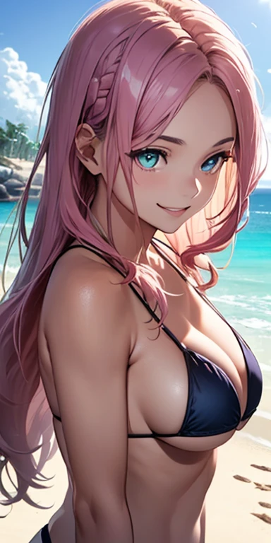 baby face, (very long pink hair:1.5,sidelock:1.5,single braid), (photorealistic:1.3), (masterpiece, sidelights, exquisite beautiful eyes: 1.5), masterpiece*portrait, realistic, 3D face,(cute face),front view: 1.6、 (glowing blue eyes:1.2),plump face:1.5,(tareme:1.5)、(seductive smile:1.2),Rosy Mouth,Slim Body,abs, shiny hair, shiny skin: 1.5、medium breasts,cleavage、solo,(stand)、(black micro bikini)、(charactor focus、portlate、upper body),beach,