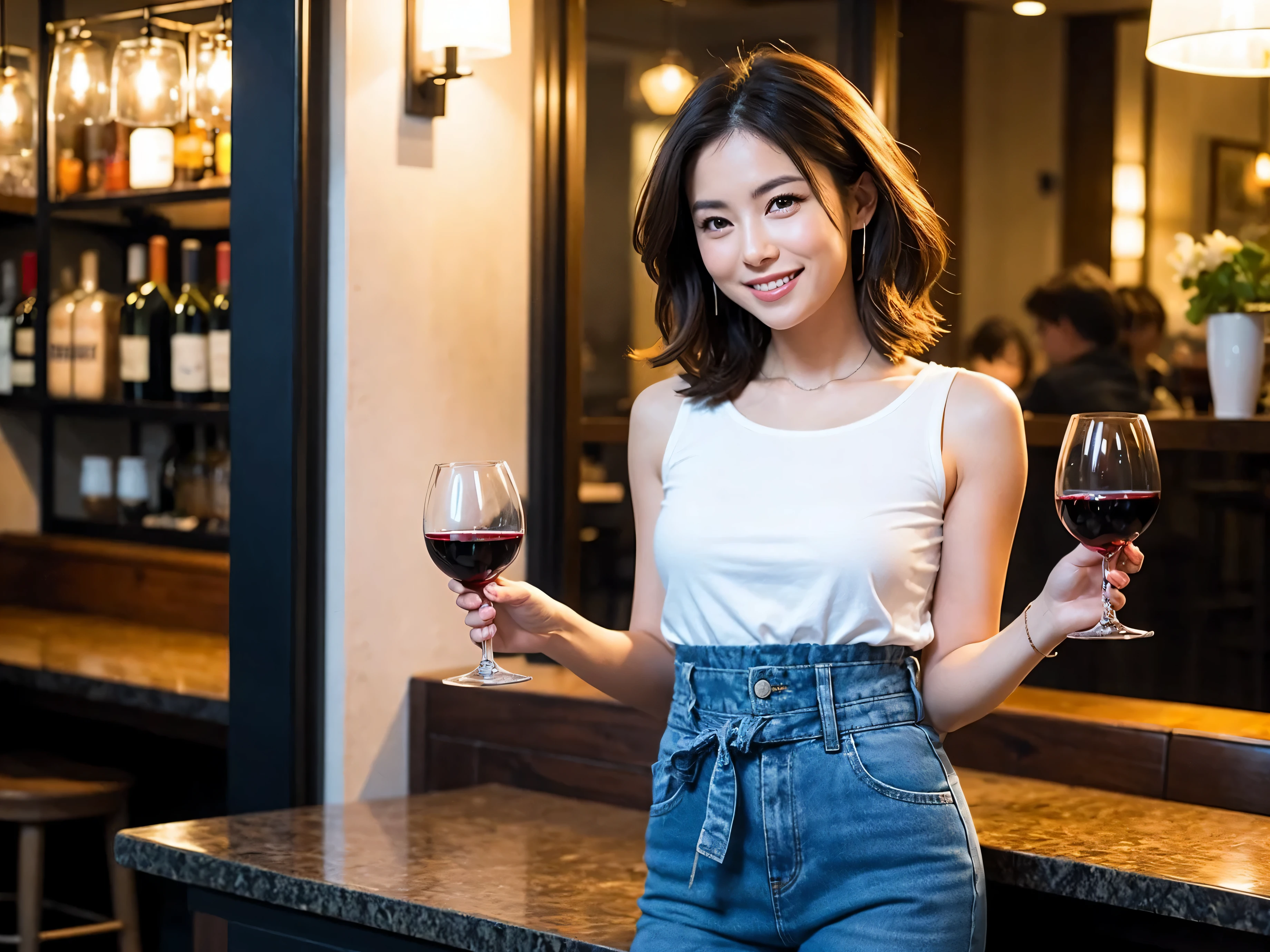 (64k uhd, nffsw, of the highest quality, masutepiece: 1.2), (Realistic, Photorealistic: 1.37), Pretty Woman 1, (Slim Face), (slimボティ), (Brown hair), (short-cut), Americana、Frenchman、cheeks blush a little, (40 years old), 38 years, Solo, A beautiful and detailed night view spreads out outside the window.........., restaurant, wine glassesに座って, At night, In a prominent place (from waist up) NovaFrogStyle, actress, Model, waist-up, white wine, slim, wine glasses, Super clean night view, 真ん中に置かれたwine glasses, Happy smile, (Smile: 1.15), Beautiful fine eyes, Upper body, Bust Japan Up, Night, Short, Short, actress, Model, waist-up, white wine, slim, wine glasses, Super clean night view, 真ん中に置かれたwine glasses, Happy smile,