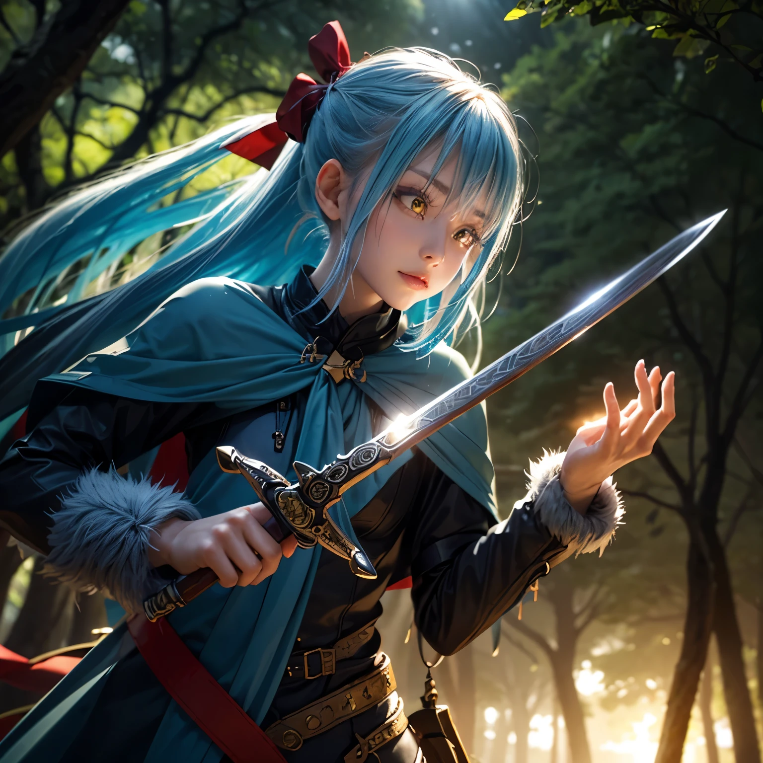 8K, best quality, best resolution, ultra detailed, cinematic lighting, realistic, bokeh, masterpiece, absurdress, beautiful, rimuru_tempest, blue hair, yellow eyes, long hair, weapon, sword, glowing sword, forest, village
