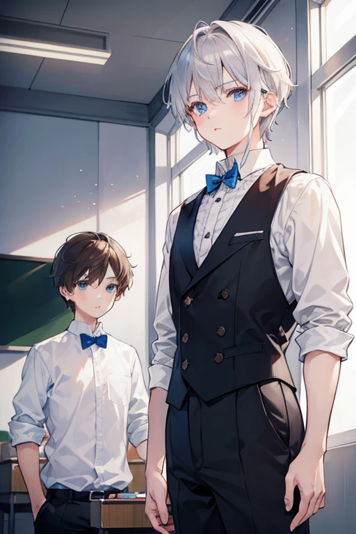 gray hair,wheelchair,Court costume,boy,eyes closed