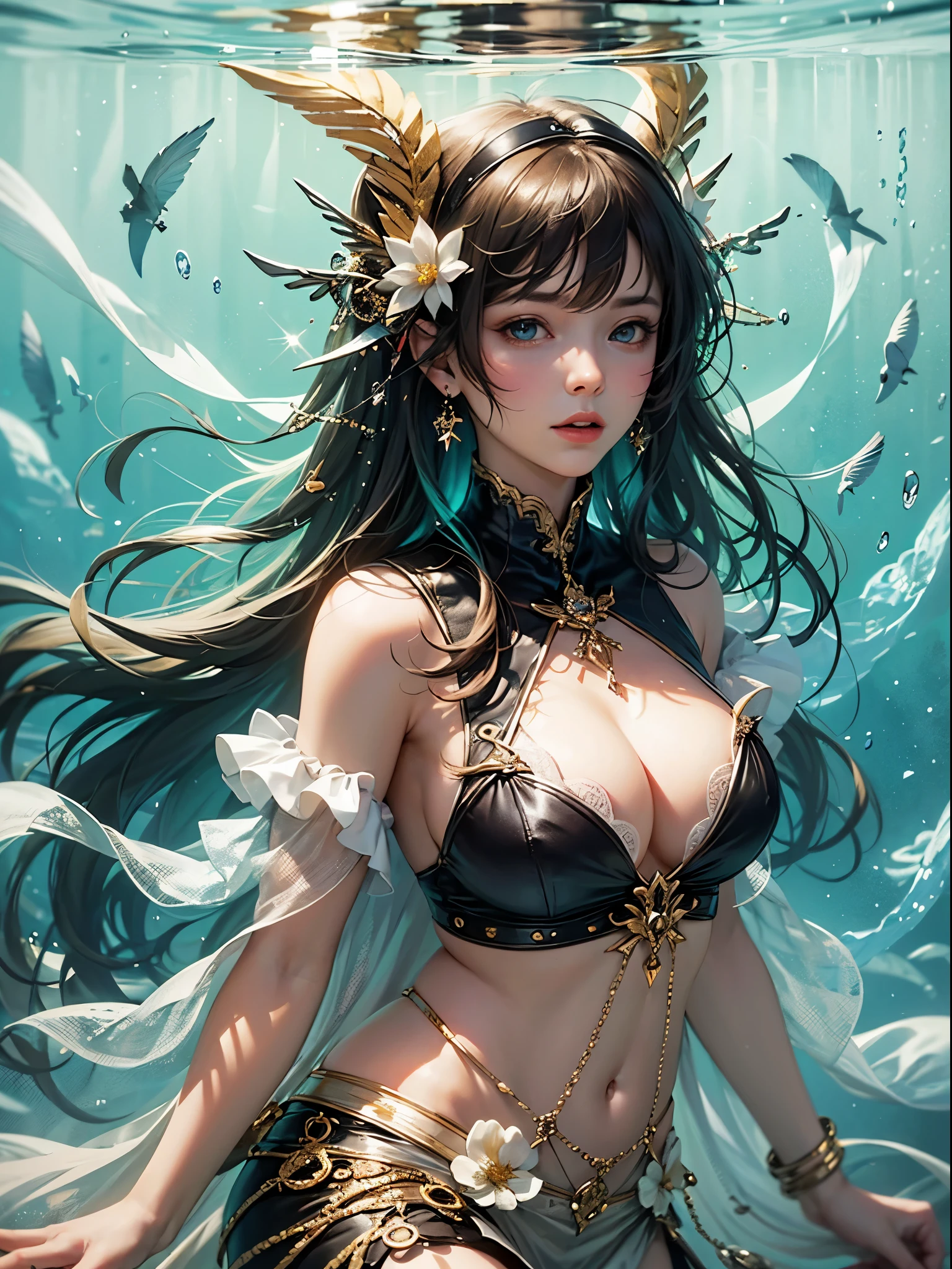 art, Unity 8k壁纸, Ultra-detailed, Beautiful and aesthetically pleasing, (s fractal art: 1.3), flower, girls, (Hairstyles: Long hair) Ocean, Extremely detailed, Cowboy shot, The most beautiful, Seafoam, Buble, cute big breasts, ultra quality, random background, random dress, --auto --s2