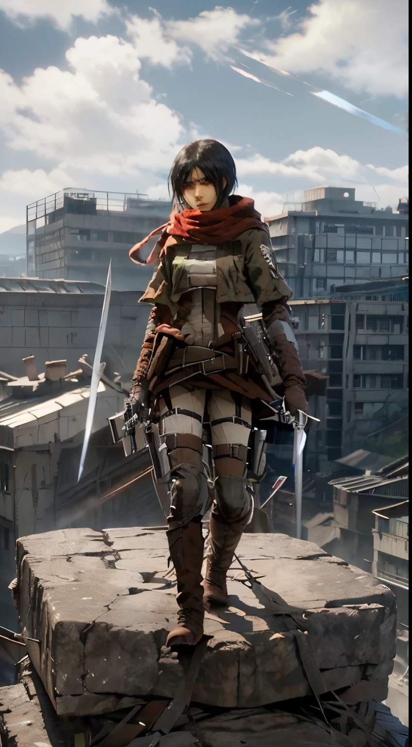 anime character with sword on top of a mountain with a sword, mikasa ackerman, (attack on titans anime), from attack on titan, attack on titans, in attack on titan, shingeki no kyojin, eren yeager, attack on titan, attack on titan anime style, eren jaeger, attack on titan scenery, as a titan,Attack on Titan heroine Mikasa Ackerman,with short black hair,Short hair,warrior combat uniform,black color hair,Short hair,Attack on Titan heroine Mikasa Ackerman,with short black hair,Short hair,warrior combat uniform,black color hair,Short hair