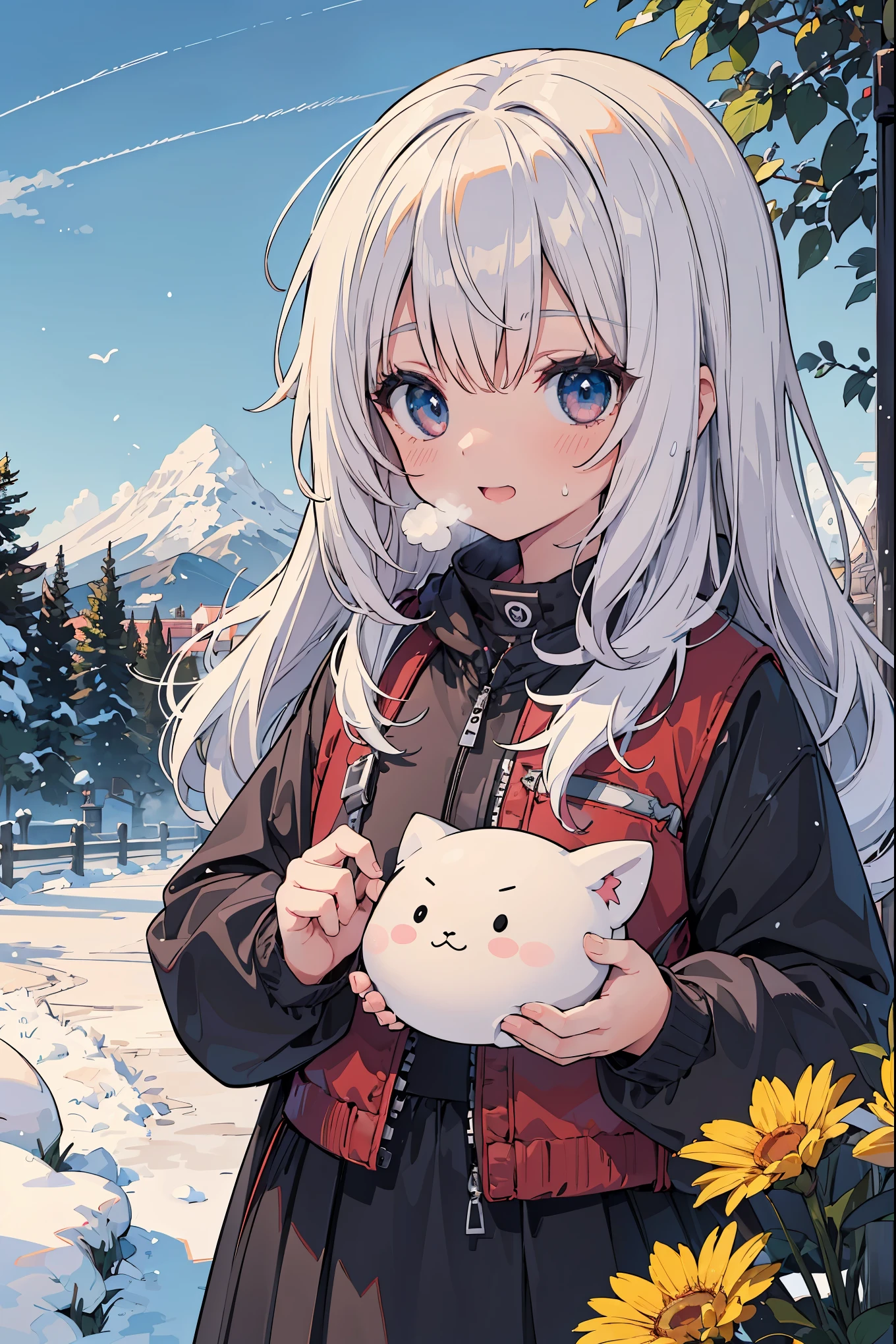 (Masterpiece, Top Quality, Top Quality, Official Art, Colorful Work, Portrait), Girl, Chibi, (White Breath: 1.5), (Happiness: 1.3), Garden, Snow, Particulate Fluorescent Luminescent Group, Cute, ( white breath: 1.5), cold