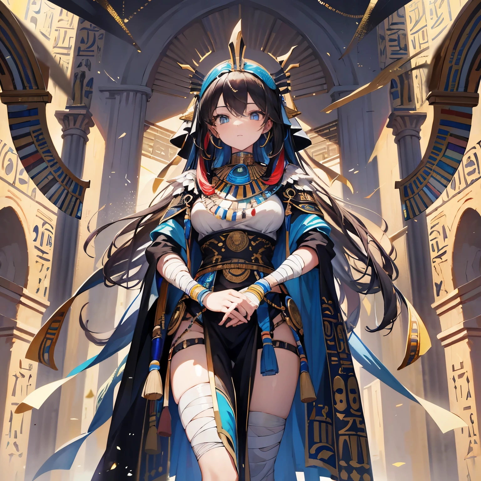 best qualtiy，tmasterpiece，Ultimate Resolution，downy，highly colorful，Colorful，The beauty of ancient Egyptian mummies，Beautiful woman wrapped in bandages，Normal posture