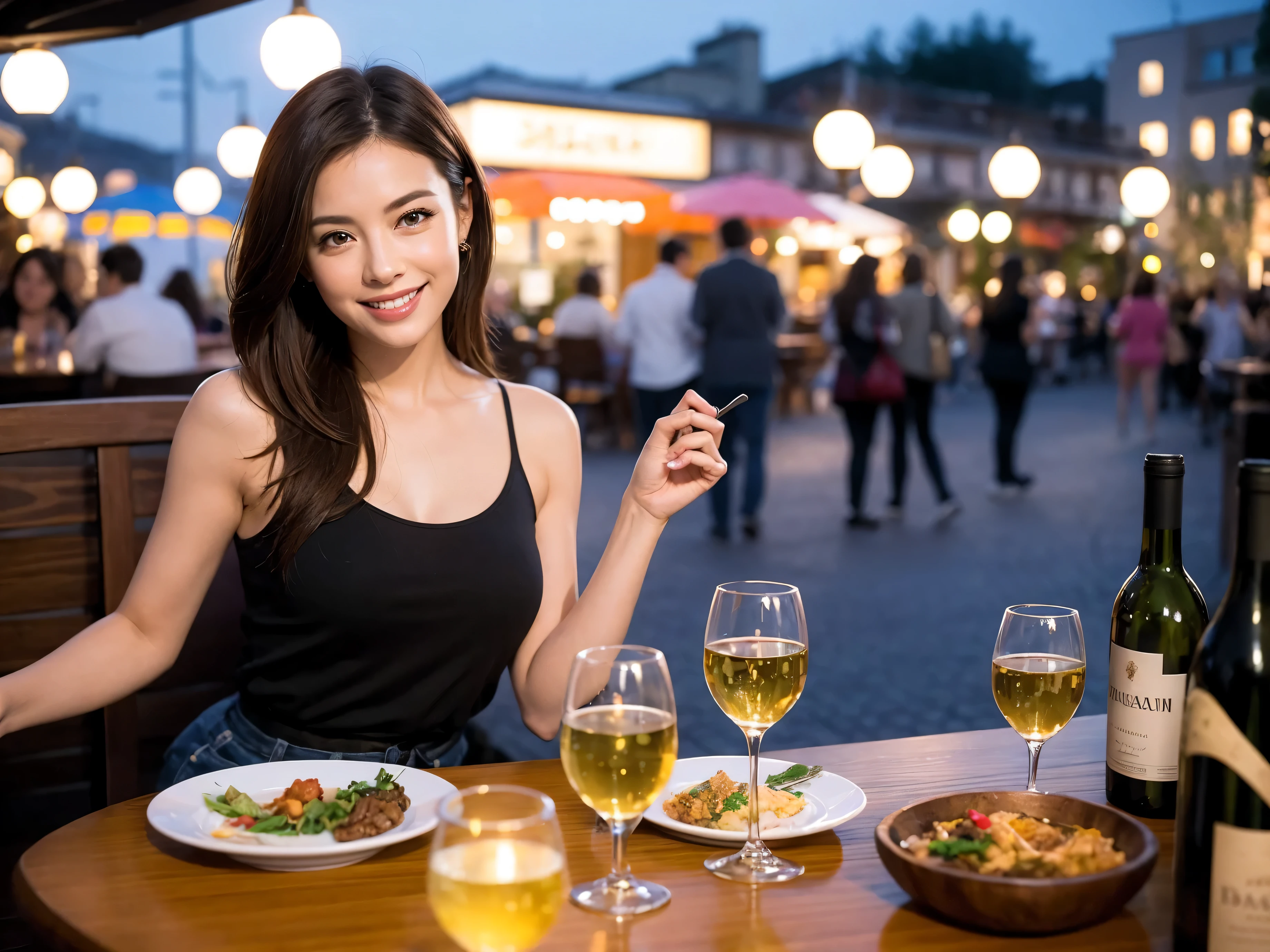 (k uhd, nffsw, of the highest quality, masutepiece: 1.2), (Realistic, Photorealistic: 1.37), Pretty Woman 1, (Slim Face), (slimボティ), (Brown hair), (short-cut), Dutchman、Americana、Frenchman、cheeks blush a little, (40 years old), 38 years, Solo, A beautiful and detailed night view spreads out outside the window..........., restaurant, wine glassesに座って, At night, In a prominent place (from waist up) NovaFrogStyle, actress, Model, waist-up, white wine, slim, wine glasses, Super clean night view, 真ん中に置かれたwine glasses, Happy smile, (Smile: 1.15), Beautiful fine eyes, Upper body, Bust Japan Up, Night, Short, Short, actress, Model, waist-up, white wine, slim, wine glasses, Super clean night view, 真ん中に置かれたwine glasses, Happy smile,